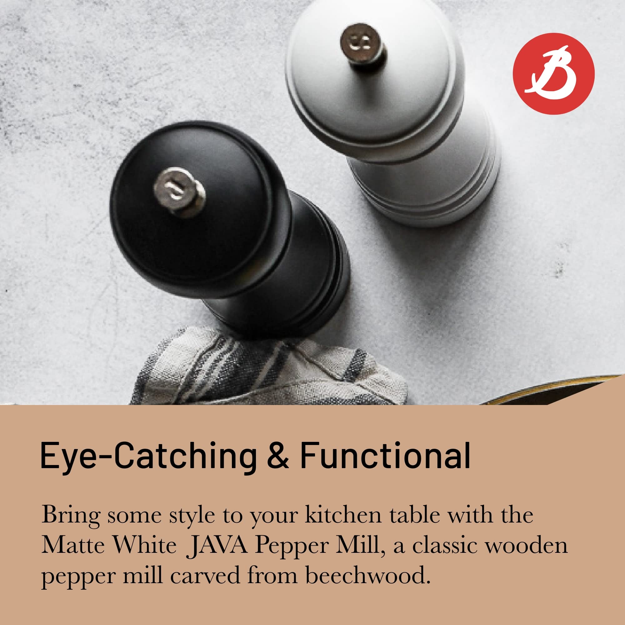 De Buyer Java Pepper Mill, Matte White - 8.25    - Stainless Steel & Beechwood - Includes Knob To Adjust Grind Size - Corrosion