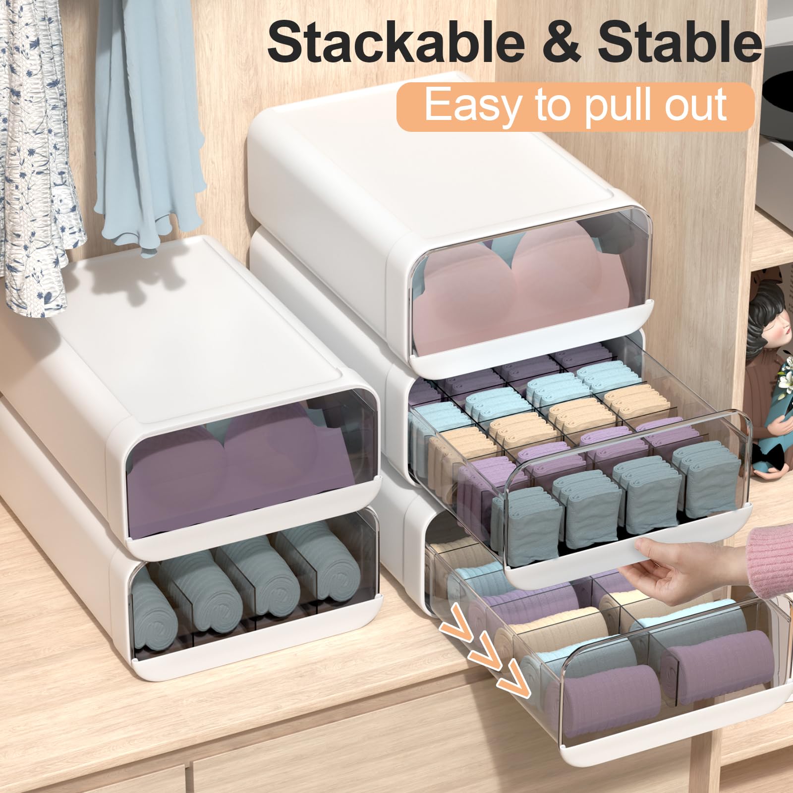 Miaocona Underwear Organizer Drawer, 24 Cells Plastic Sock Underwear Storage Drawer, Stackable Closet Organizers and Storage Box