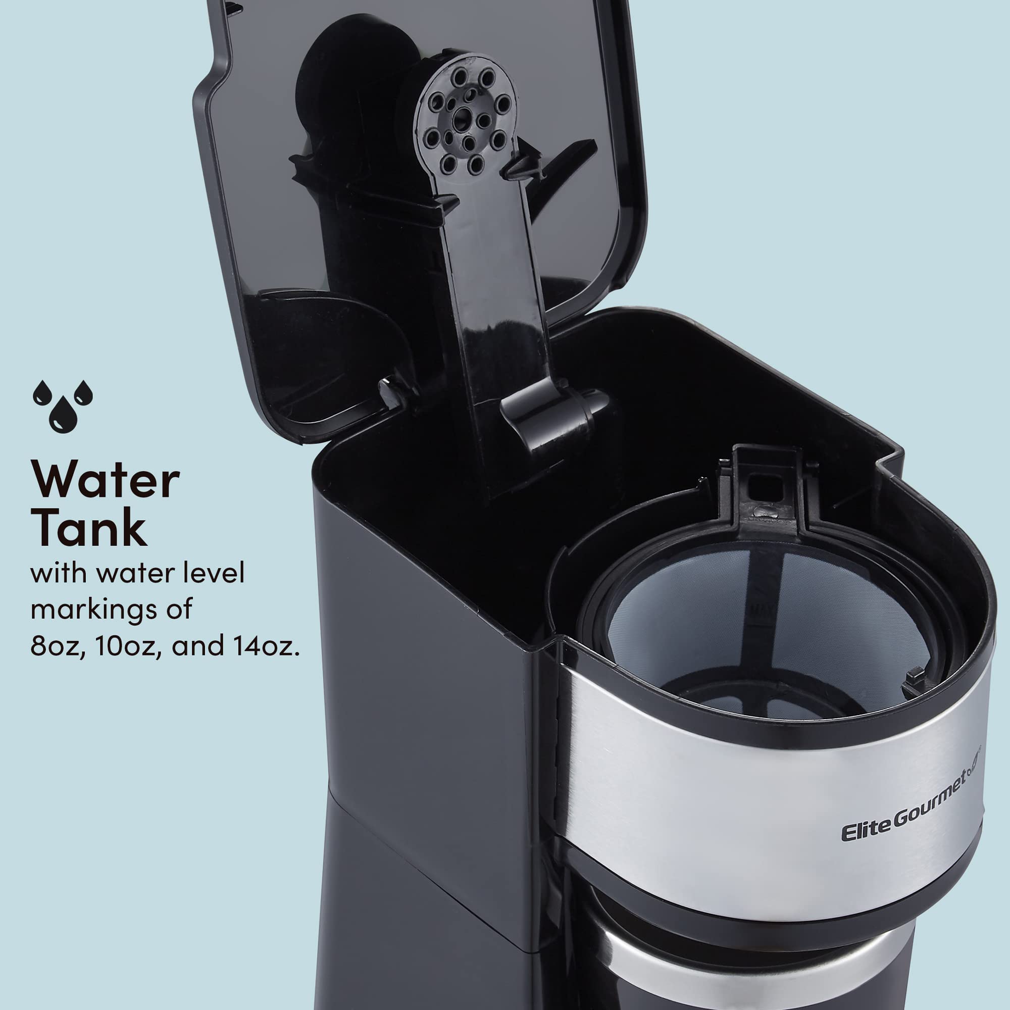 Elite Gourmet Ehc112 Personal Single-Serve Compact Coffee Maker Brewer Includes 14Oz. Thermal Travel Mug With Stainless Steel In