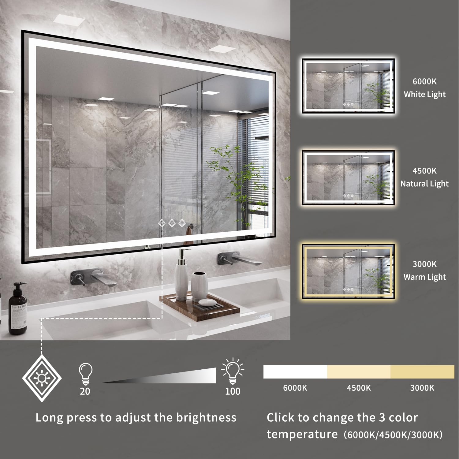 Vanpokins Led Mirror, 60X36 Inch Black Framed Gradient Front And Backlit Bathroom Mirror Black Frame, 3 Colors Dimmable Cri>90,