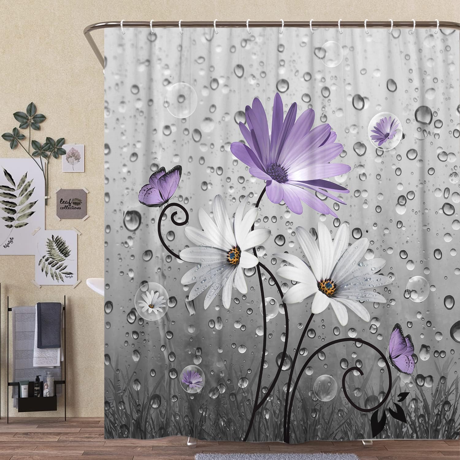 Xguatan Rustic Farmhouse Purple Floral Shower Curtain, Farm Daisy Flowers And Butterfly Shower Curtain For Bathroom, Country Vio