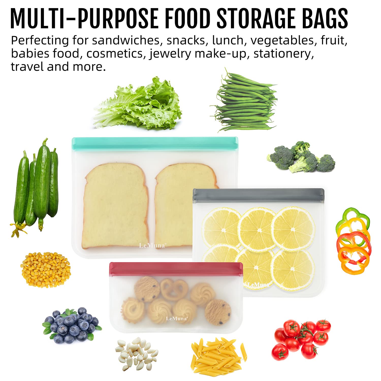 Lemuna 12 Pack Reusable Food Storage Bags With Baggy Rack (4 Gallon Freezer Bags, 4 Reusable Sandwich Bag, 4 Reusable Snack Bags