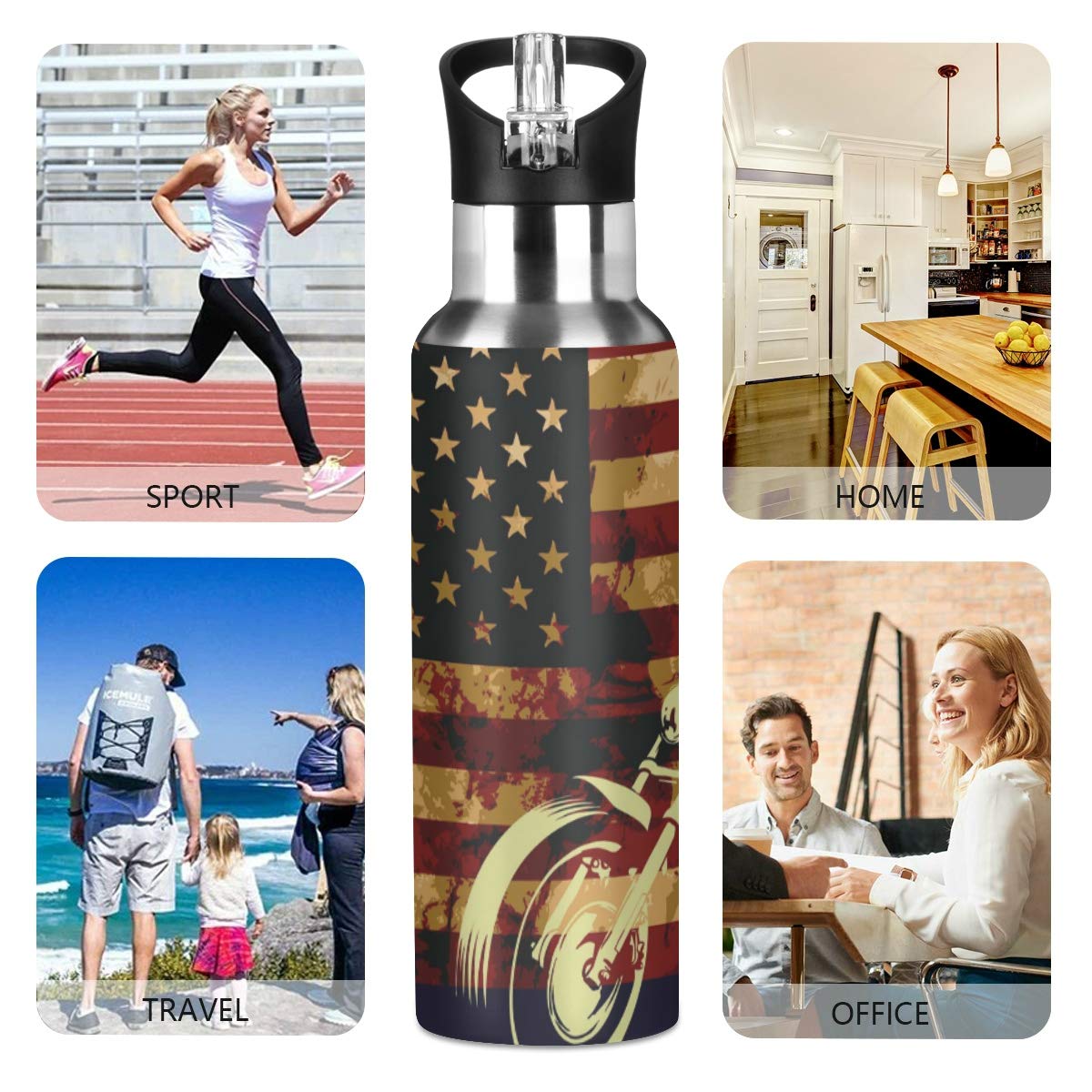 Keepreal Skull Motorcycle American Flag Water Bottle - Reusable Water Bottle For Gym Bike Running Cycling 600 Milliliter 22 Ounc