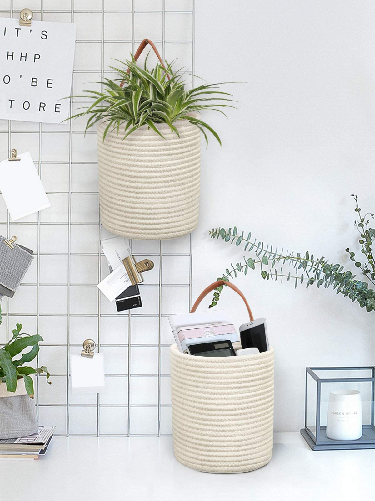 Goodpick 2Pack Rope Hanging Basket - Small Round Hanging Basket Storage For Key, Sunglasses, Wallet On Door - Modern Woven Baske