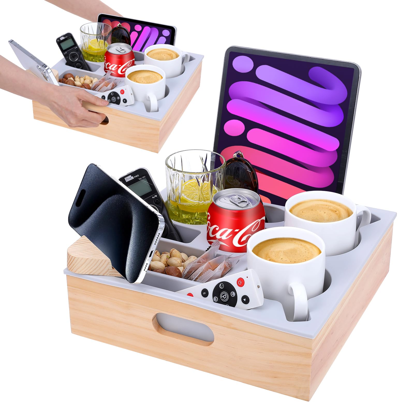 Couch Cup Holder, Couch Caddy With Rotatable Phone Holder, Wooden Sofa Cup Holder With Carrying Handle For Bed Car Beach Organiz