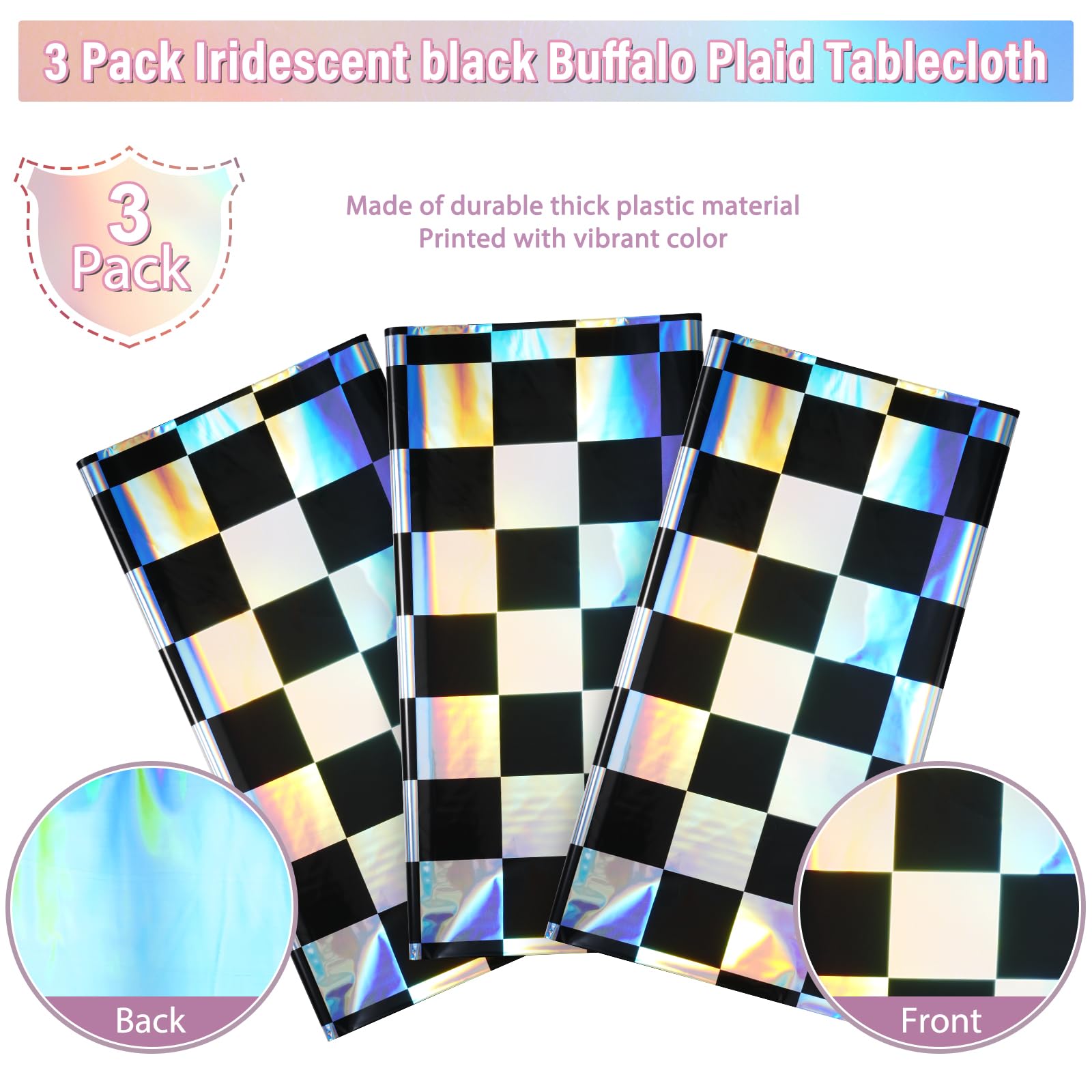 3Pack Black And Iridescent Checkered Plastic Tablecloth, Shiny Disposable Laser Rectangle Table Covers, Holographic Foil Tablecl