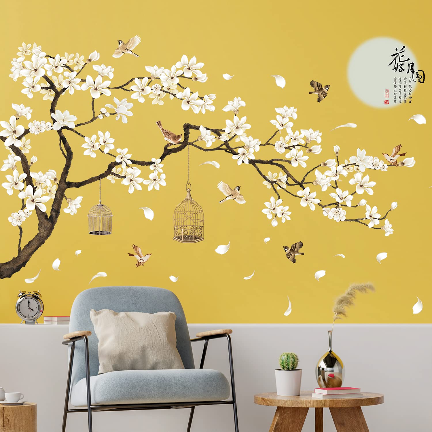 Livegallery White Peach Blossm Flowers Wall Decals Removable Diy Tree Branches Birds Saying Art Decor Wall Stickers Murals For L