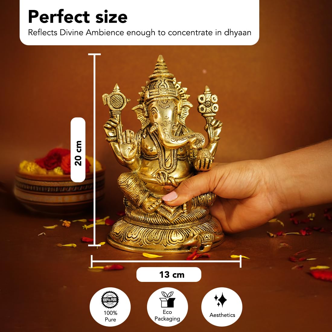 Ekhasa 100% Pure Brass Big Size Ganesha Idol (Heavy Weight: 2Kg) | Pital Ganesh Murti For Pooja Room, Home Decor, Office Temple