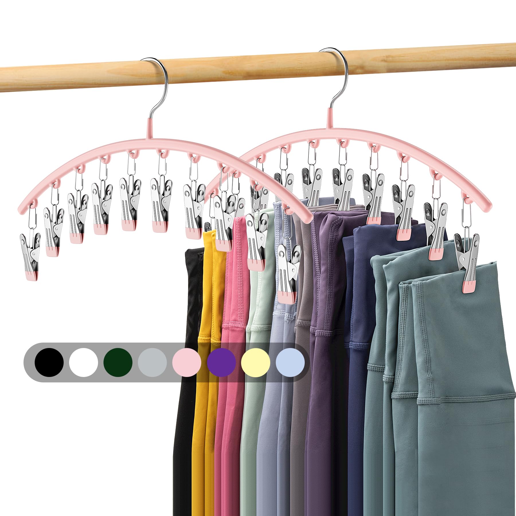 Volnamal Legging Organizer for Closet  Metal Yoga Pants Hangers 2 Pack w/10 Clips Holds 20 Leggings  Hangers Space Saving Hanging Closet Organizer w/Rubber Coated Closet Organizers and Storage  Pink