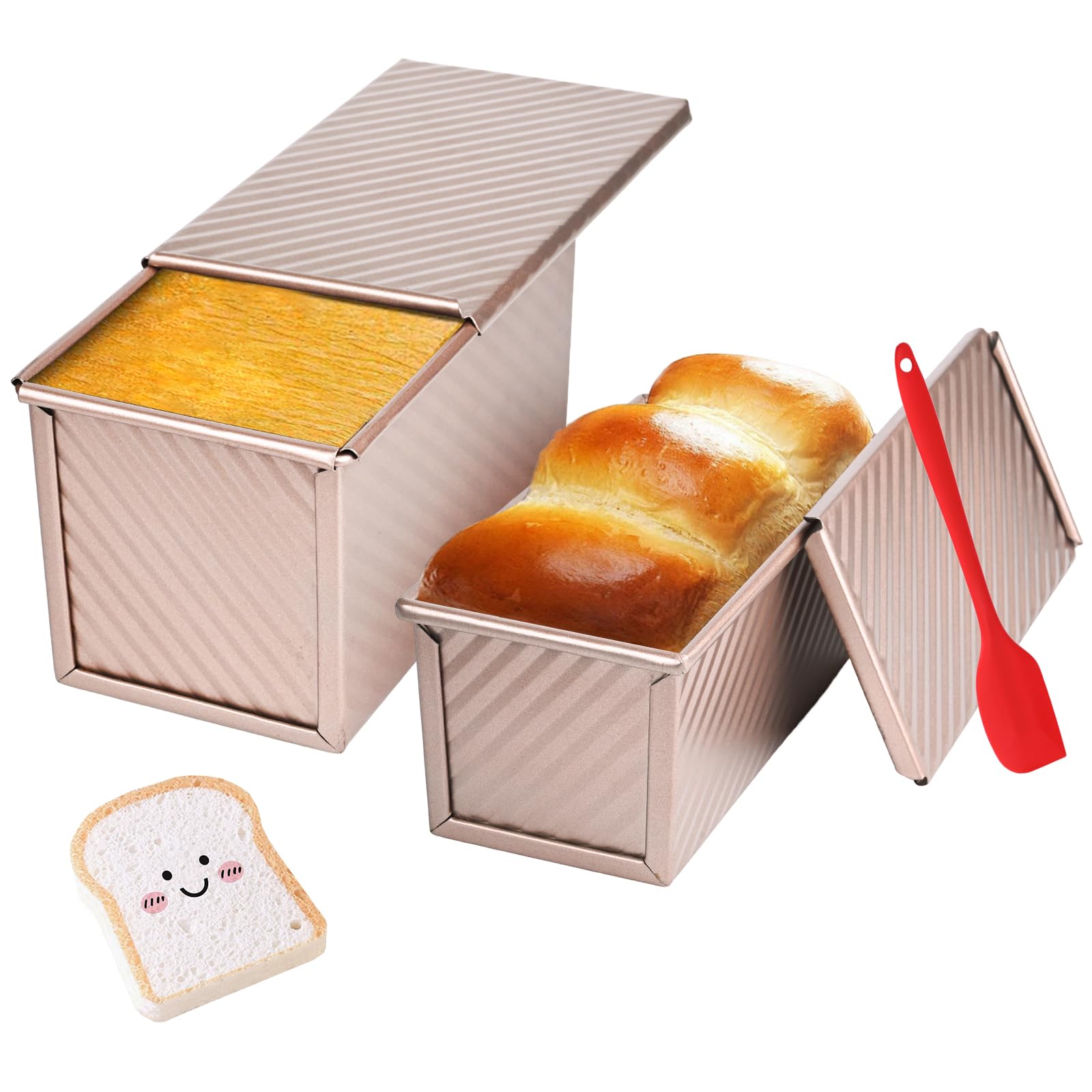 CFGUK 2 Pack Pullman Loaf Pan with Lid, 1 lb/0.5 lb Dough Capacity for Homemade Bread, Nonstick Corrugated Carbon Steel Bread T