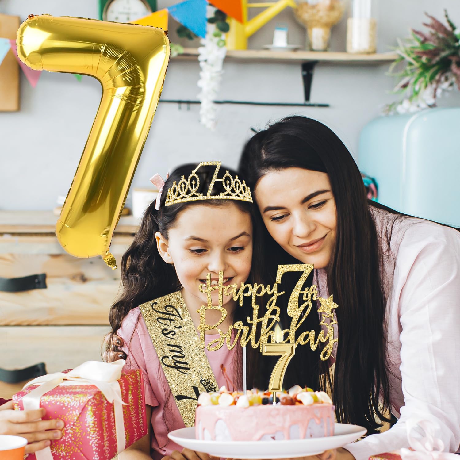 7th Birthday Decorations for Girl with 7th Birthday Girl Sash and Tiara, Candles and Cake Topper, Number Balloons, 7 Year Old Gi
