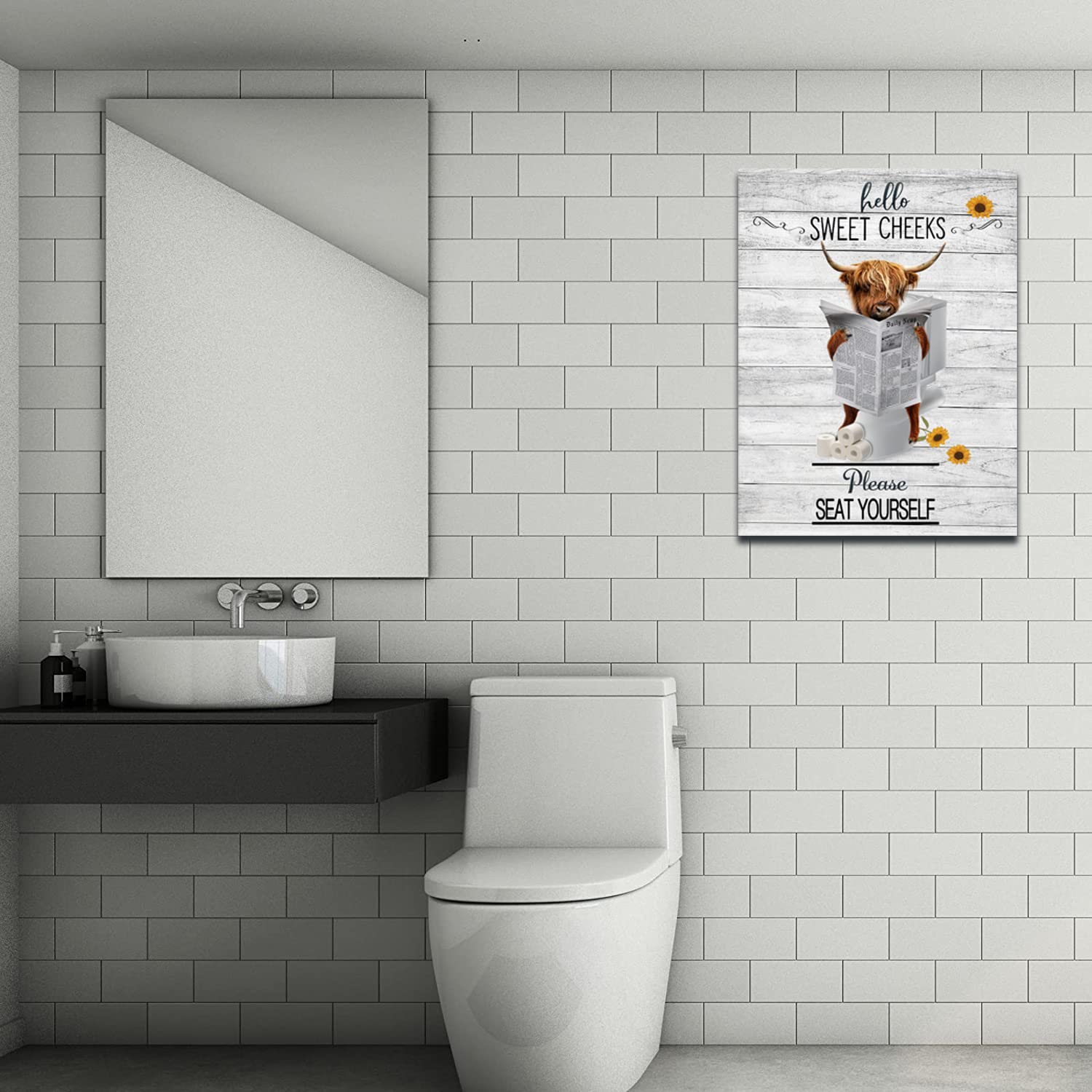 Swachit Funny Highland Cow Bathroom Wall Art Highland Cattle Bathroom Wall Decor Cow On Toilet Pictures For Wall Farmhouse Bathr