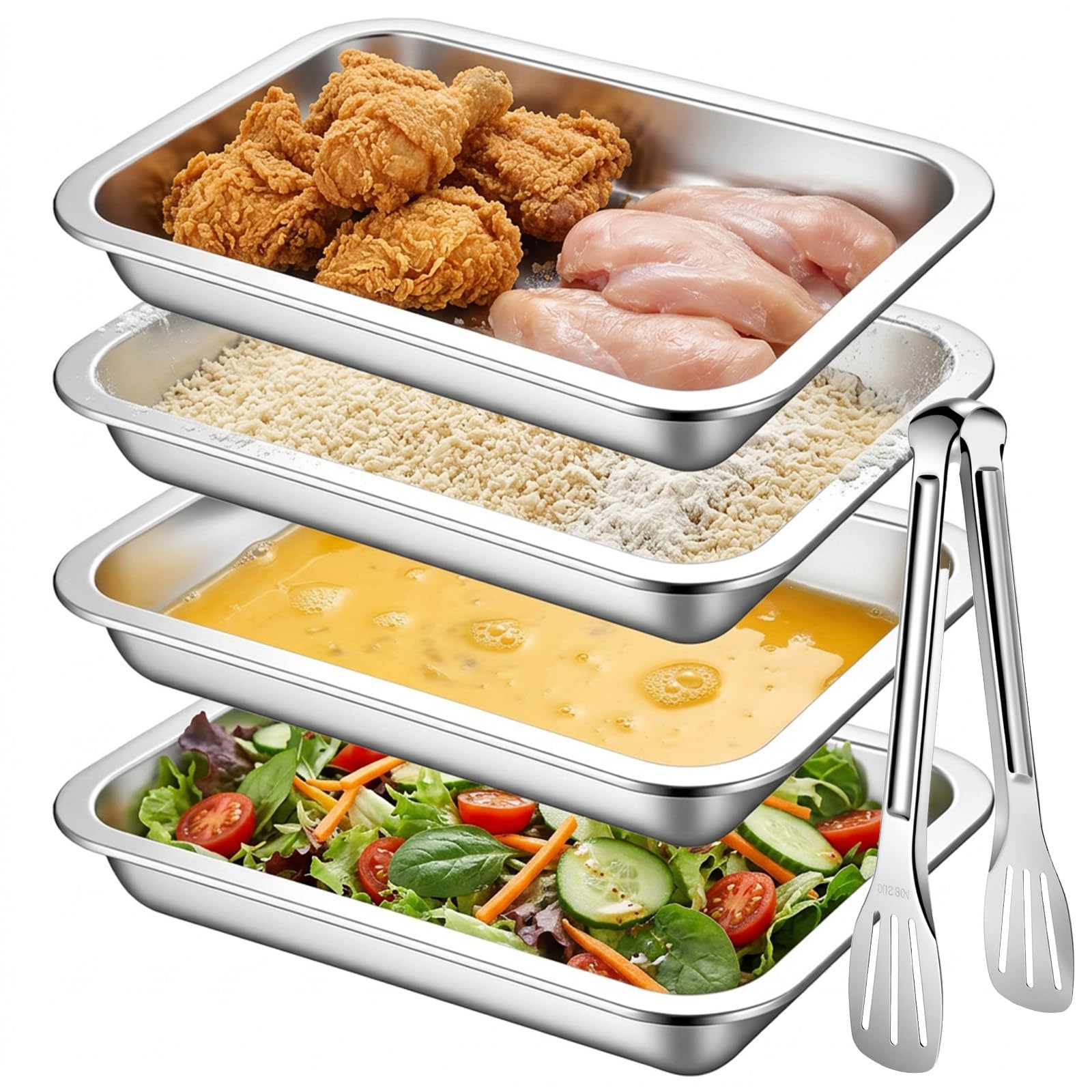 Fumusae 4 PCS Breading Trays Set, 10 x 7.5 x 1.5 Stainless Steel Breading Pans with Tong for Marinating Meat, Chicken, Fish, F