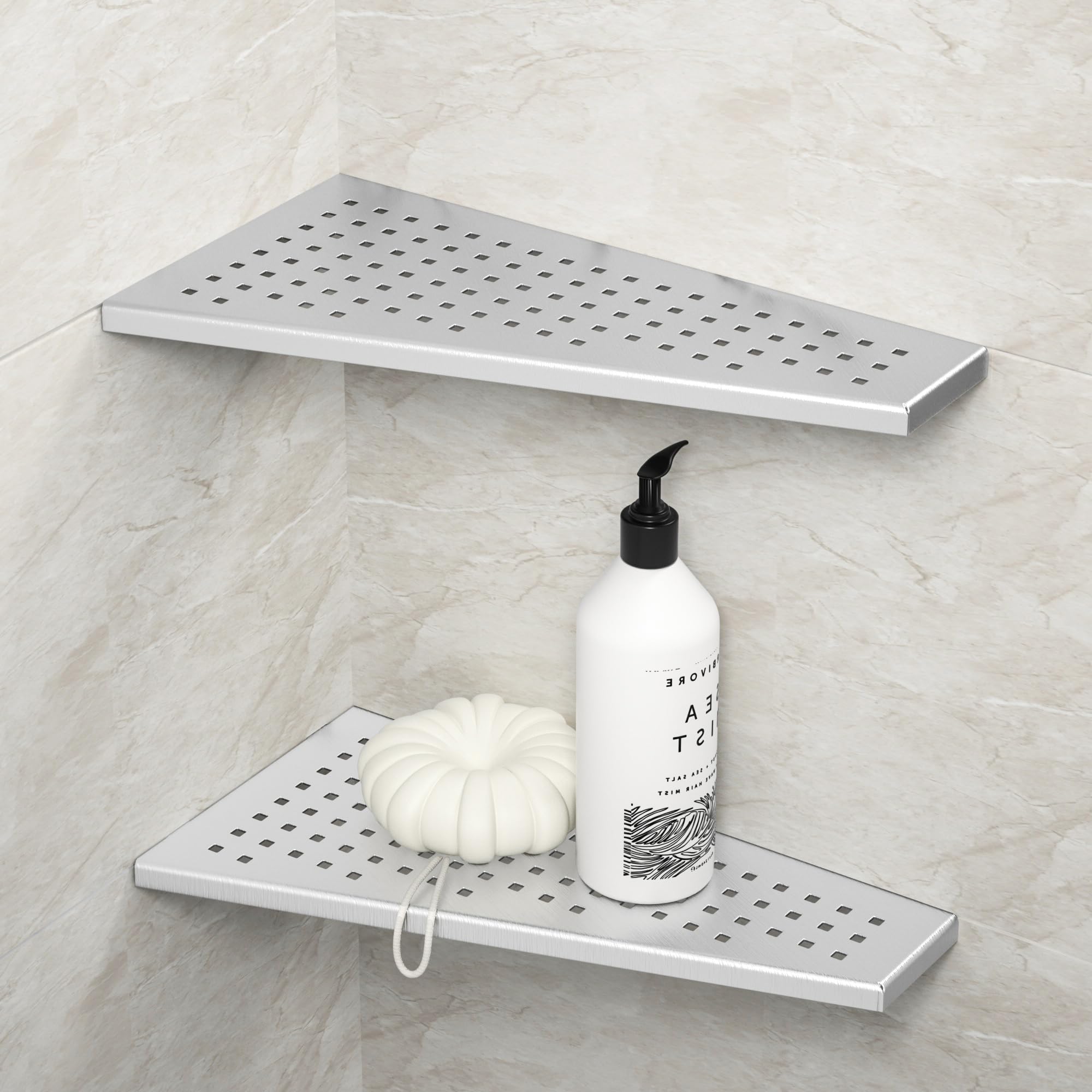 Bernkot Corner Shower Shelf, 12'' Trapezoid Floating Shelf, 304 Stainless Steel Grid Design Recessed Bathroom Shelf For Tiled Wa