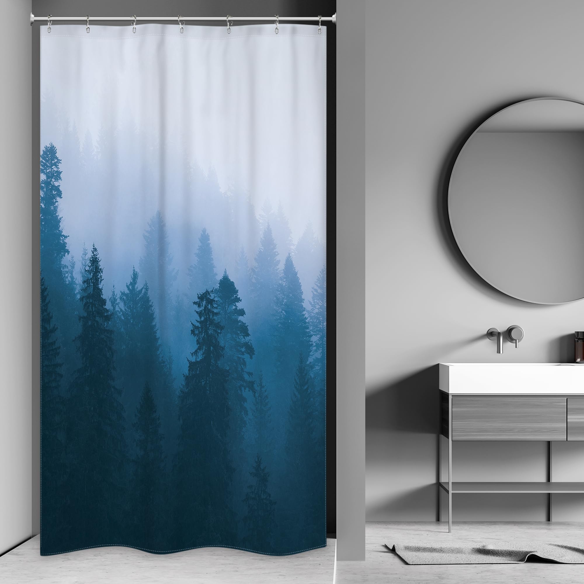 Riyidecor Small Stall Shower Curtain For Bathroom Decor 36Wx72H Narrow Half Rv Nature Blue Mens Misty Tree Mountain Foggy Woodla