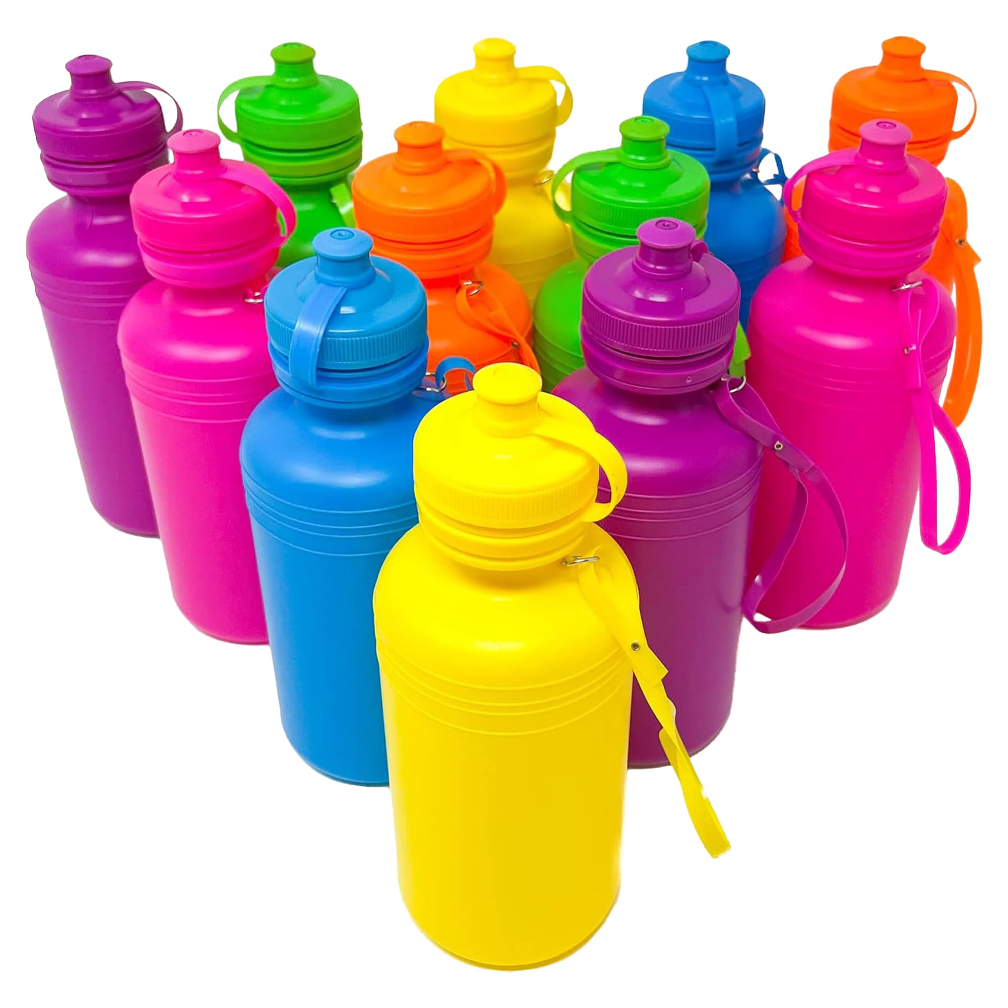 Podzly 12 Neon Bright Colors Plastic Water Bottles - Fun For Every Occasion, Party Favor, Personalized Sports Bottle - Trendy Be