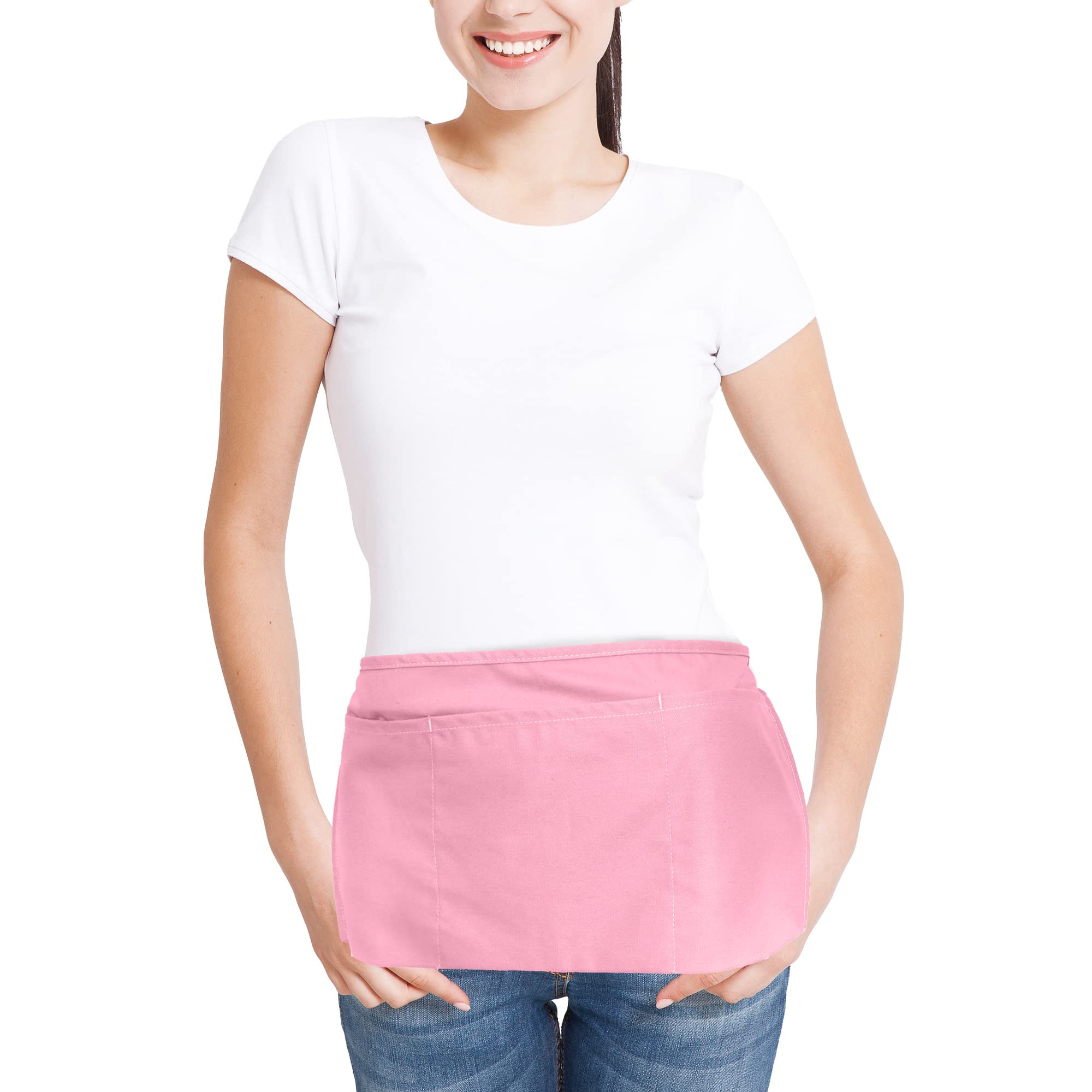 Dalix Waist Aprons Commercial Restaurant Home Bib Spun Poly Cotton Kitchen (3 Pockets) (1, Pink)