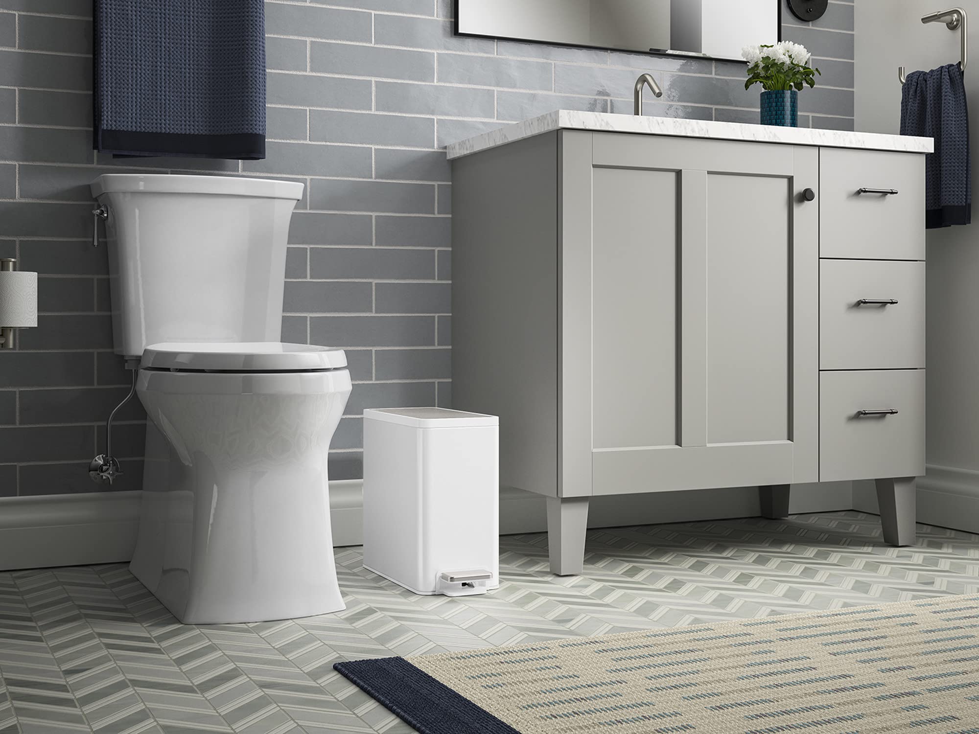 KOHLER 20957-STW 2.5 Gallon Slim Step Trash Can  Bathroom Trash Can with Soft-Close Foot Pedal  White with Stainless Steel