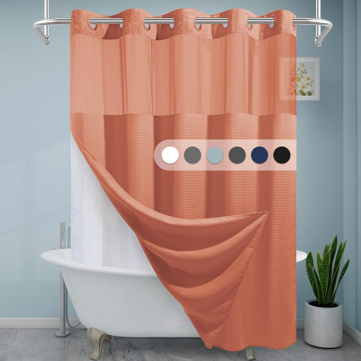 Eutxl Coral Hotel Shower Curtain With Detachable Liner - 230Gsm Waffle Textured,Hotel Grade,Spa Like Bath Curtain,71W X 74H