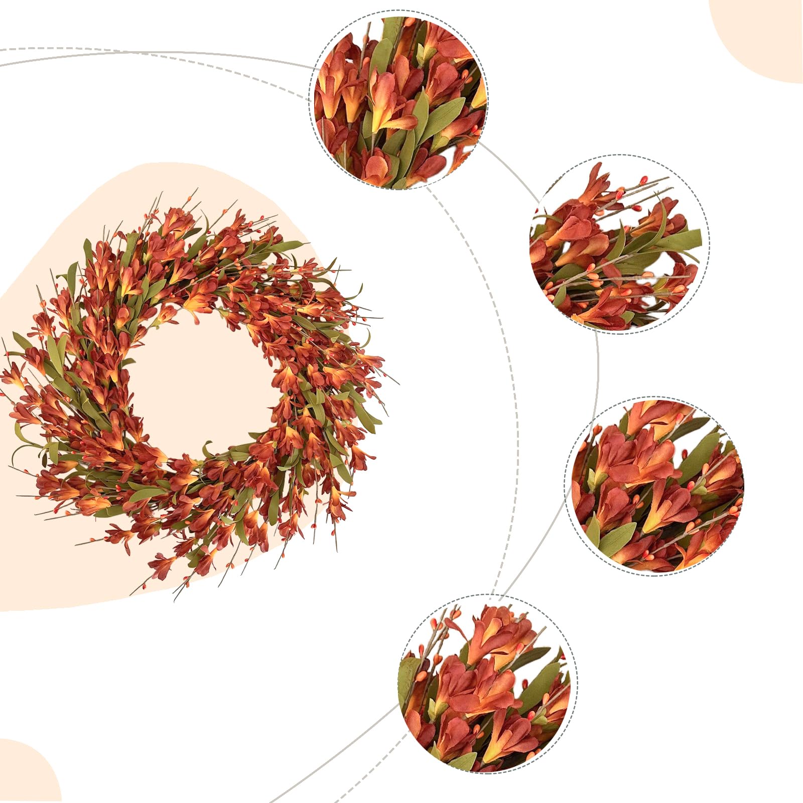 Bibelot 20inch Artificial Forsythia Flower Wreath Spring Summer Fall Wreath Silk Leaves Decoration for Front Door Porch Farmhous