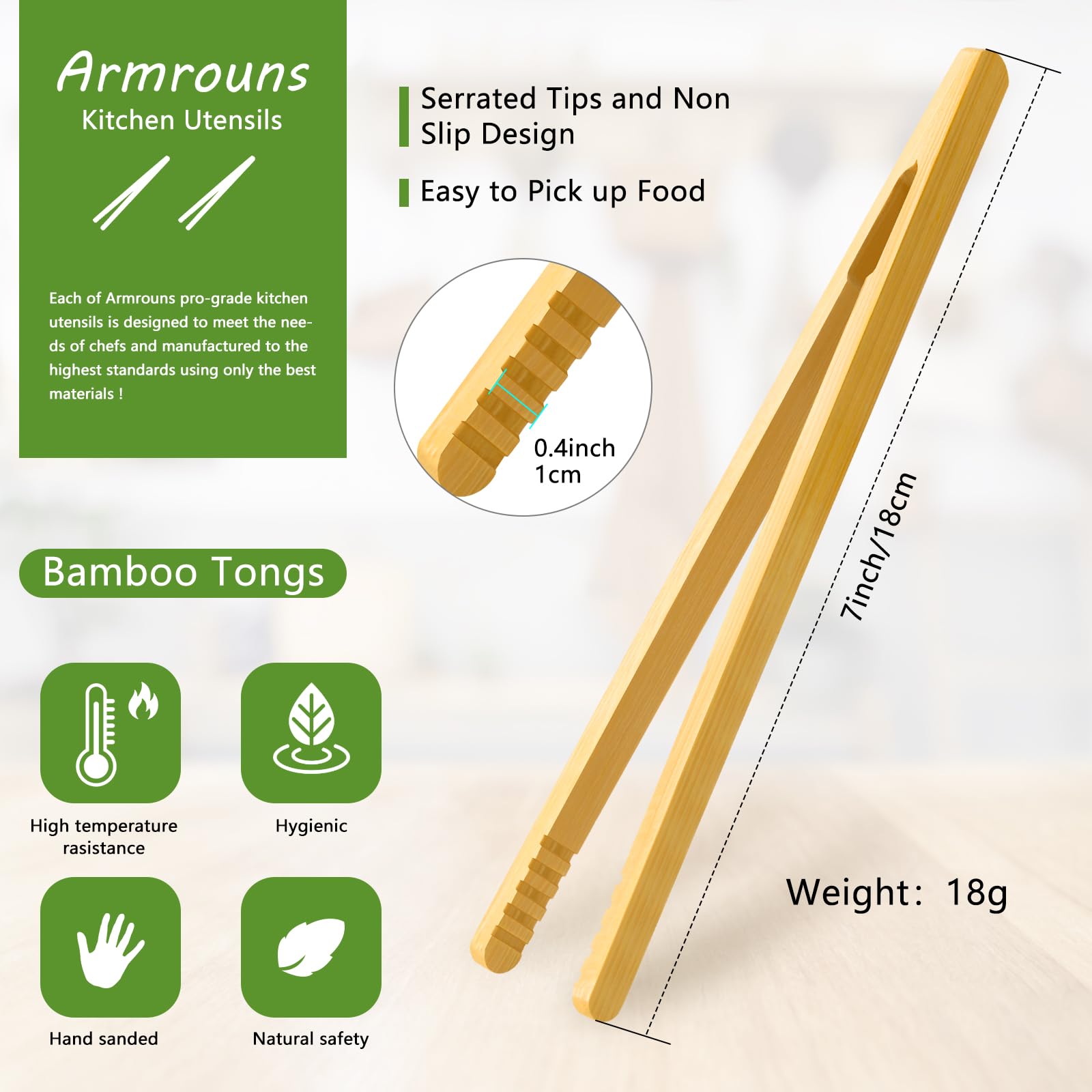 Armrouns Reusable Bamboo Toast Tongs 2 Pcs, 7 Inch Wooden Toaster Tongs For Cooking & Holding, Nature Wooden Kitchen Utensil For