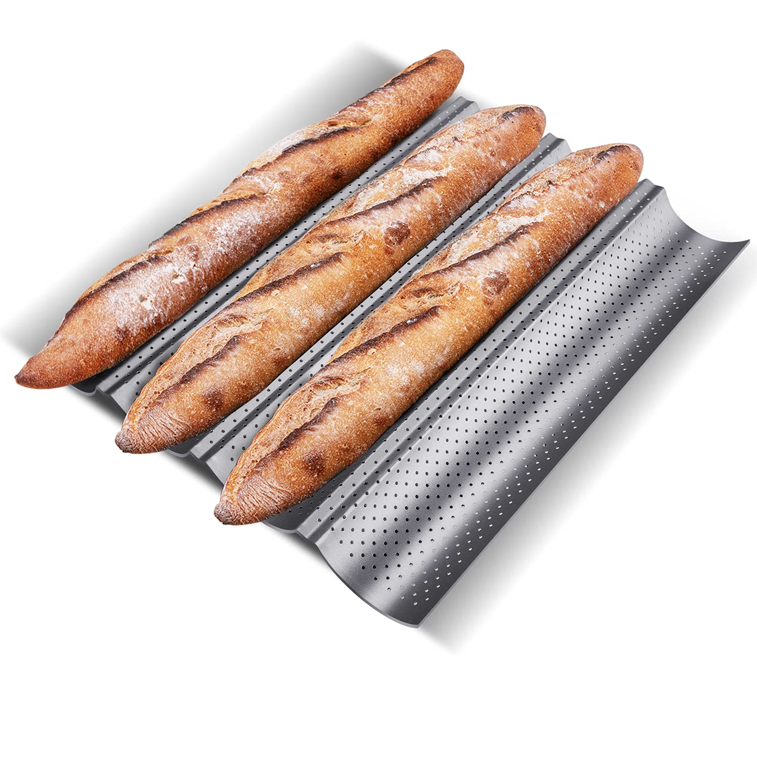 Kitessensu Nonstick Baguette Pans For French Bread Baking, Perforated 4 Loaves Baguettes Bakery Tray, 15'' X 13'', Silver