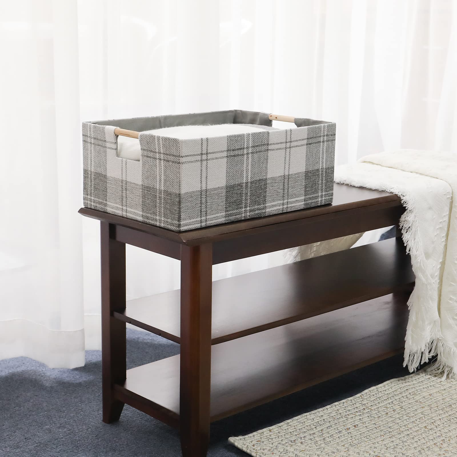 LaMorée Fabric Storage Bin Box - Small Light Gray Plaid Cotton Linen Cube with Wooden Handles - Open Home Organizer