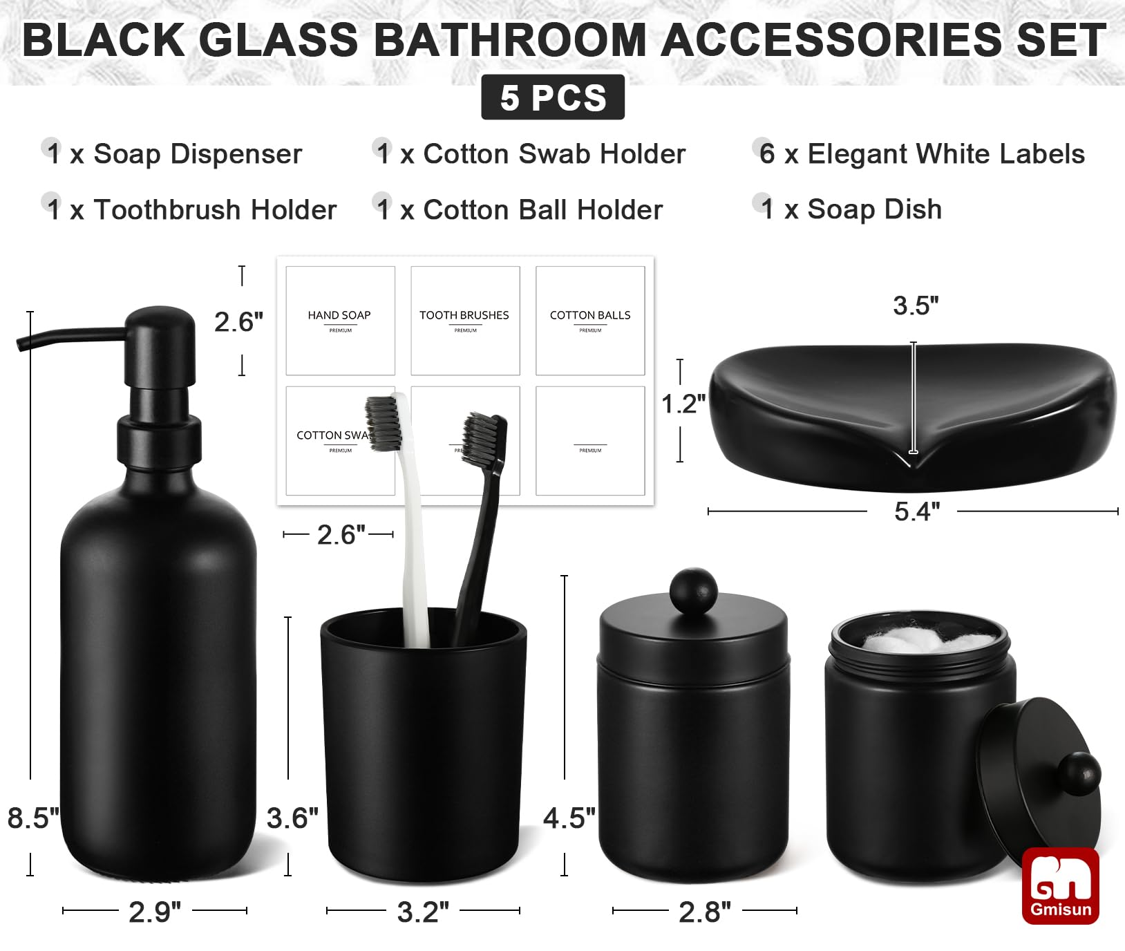 Gmisun Black Bathroom Accessories Set, 5 Pack Matte Black Glass Bath Accessory Decor Sets Complete, Soap Dispenser And Toothbrus
