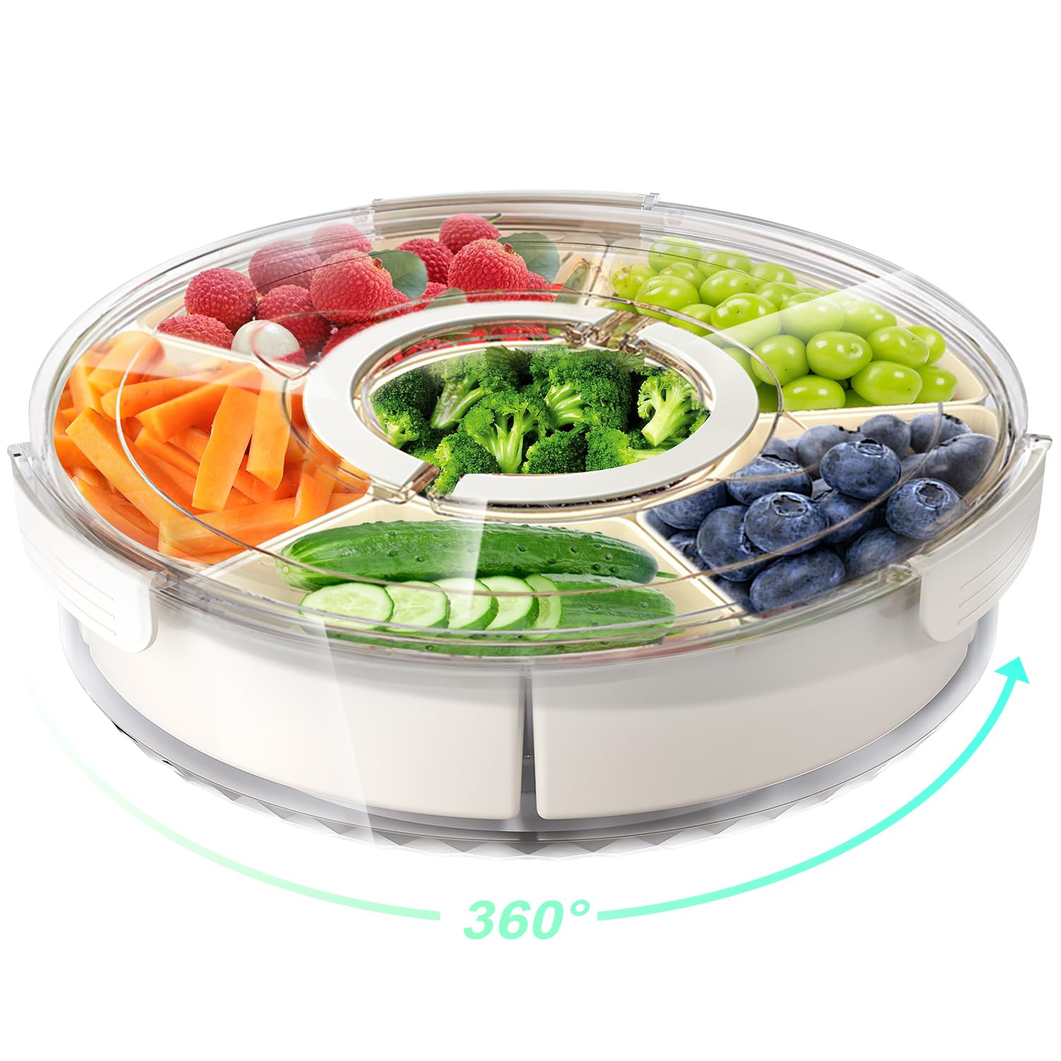 Divided Rotating Serving Tray with Lid and Handle, Portable Snackle Box for Fruits Snacks Veggie Charcuterie, Clear Lazy Susan O