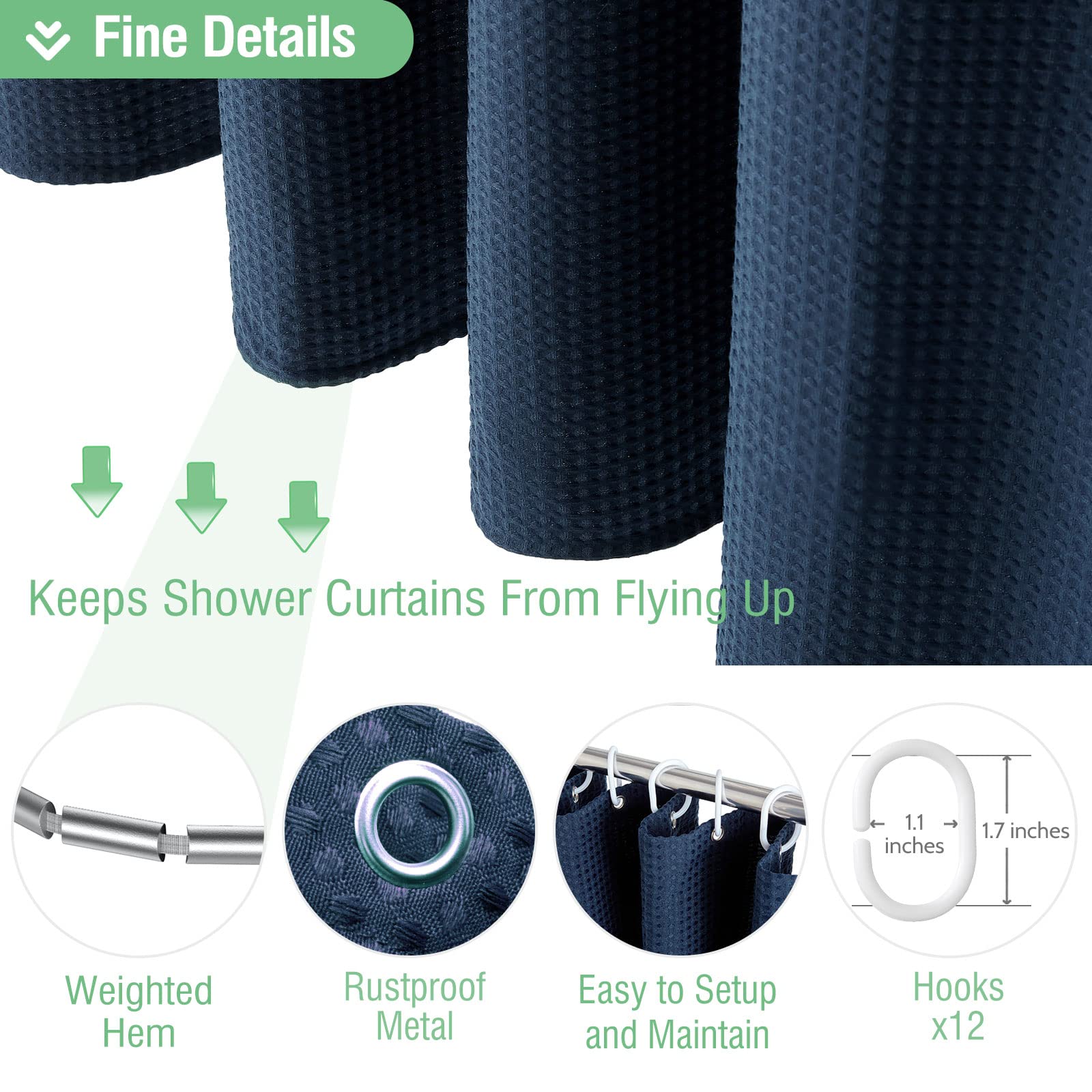 Dynamene Thick Fabric Shower Curtains For Bathroom - Waffle Weave Heavy Duty, 256Gsm Hotel Spa Luxury Weighted Polyester Cloth B