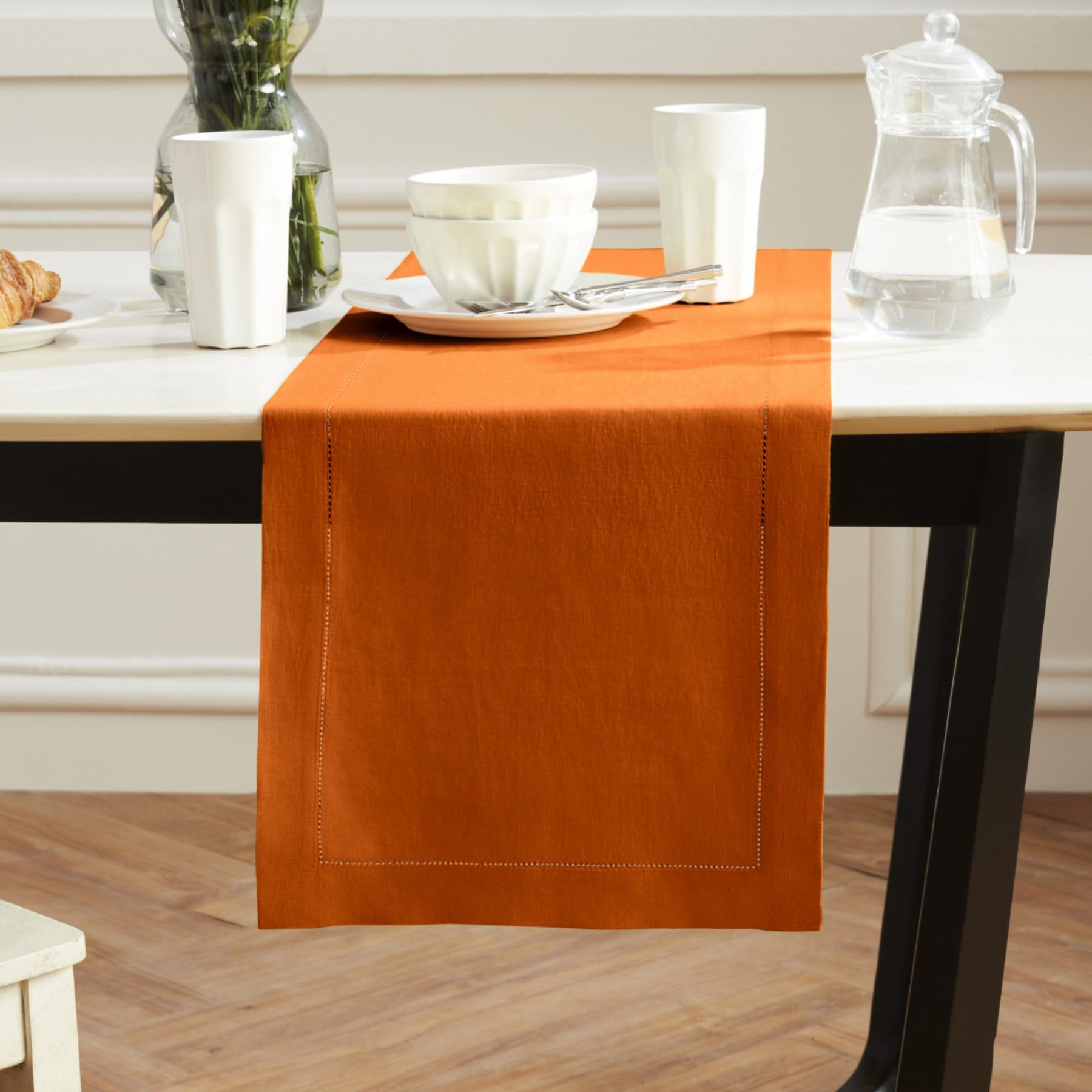 Solino Home Linen Pumpkin Table Runner 60 Inch - 100% Pure Linen Hemstitch Short Table Runner 14 X 60 Inch Ideal For Dresser And