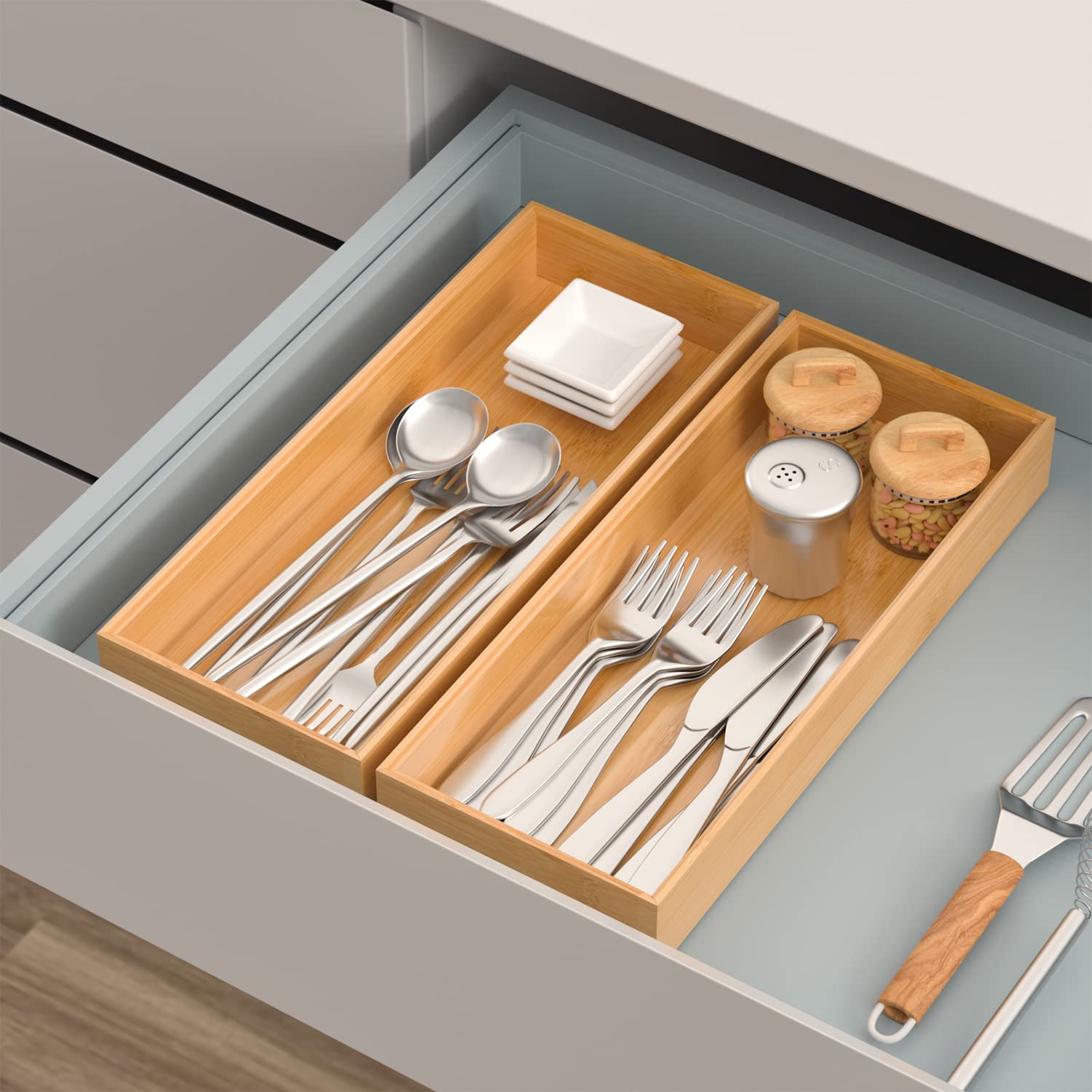 Veyfey Bamboo Drawer Organizer, Stackable Utensil Organizer For Kitchen, Bamboo Storage Box Wood Silverware Tray For Drawer 15''