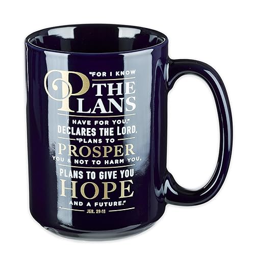 Christian Art Gifts Large Ceramic Coffee & Tea Mug for Men  Women & Graduates: I Know the Plans: Jeremiah 29:11 Inspirational Bible Verse  Sturdy Dishwasher & Microwave Safe Cup  Navy Blue  14 oz.