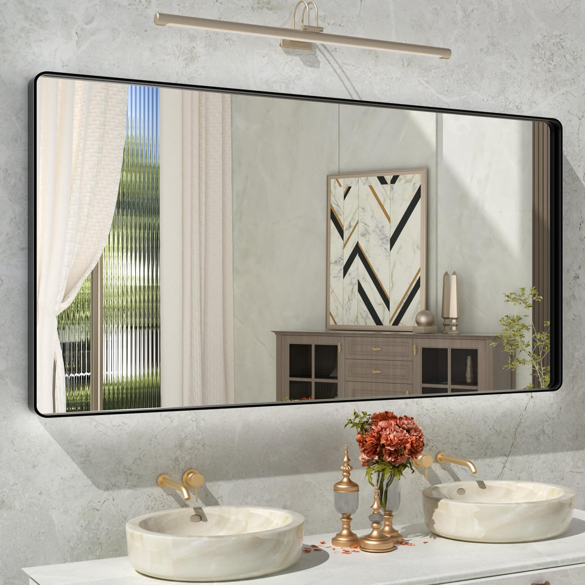 Istripmf 55X30 Inch Black Metal Framed Bathroom Mirror For Wall, Large Matte Black Bathroom Vanity Mirror,Rounded Rectangle Mirr
