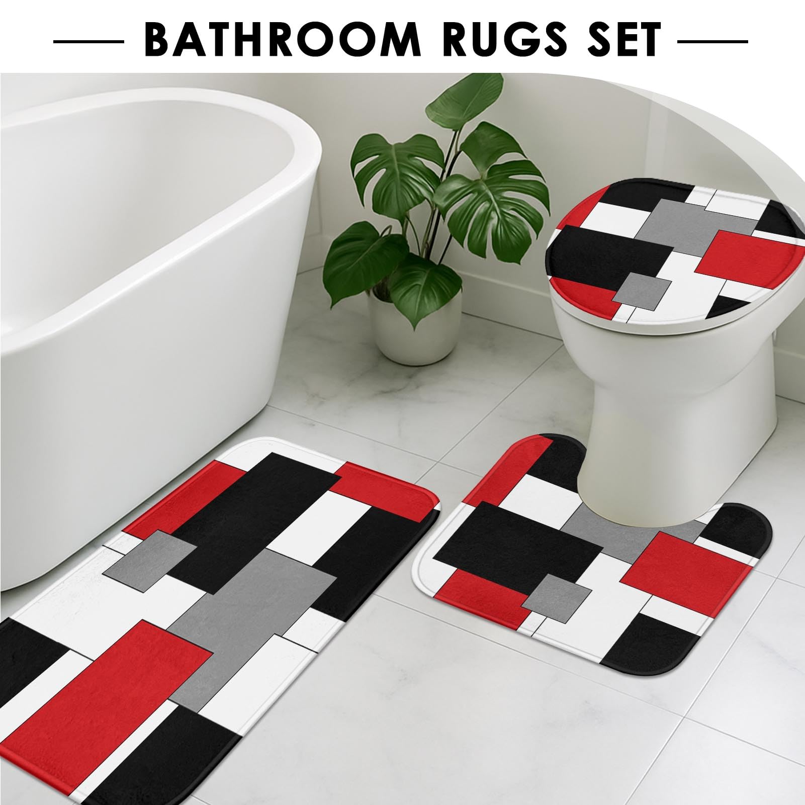 Tayney Red Geometric Shower Curtain Set with Toilet Lid Cover and Non-Slip Rugs for Bathroom  Black White Grey Checkered 4 Pcs Shower Curtain Set  Modern Abstract Bathroom Set with 12 Hooks