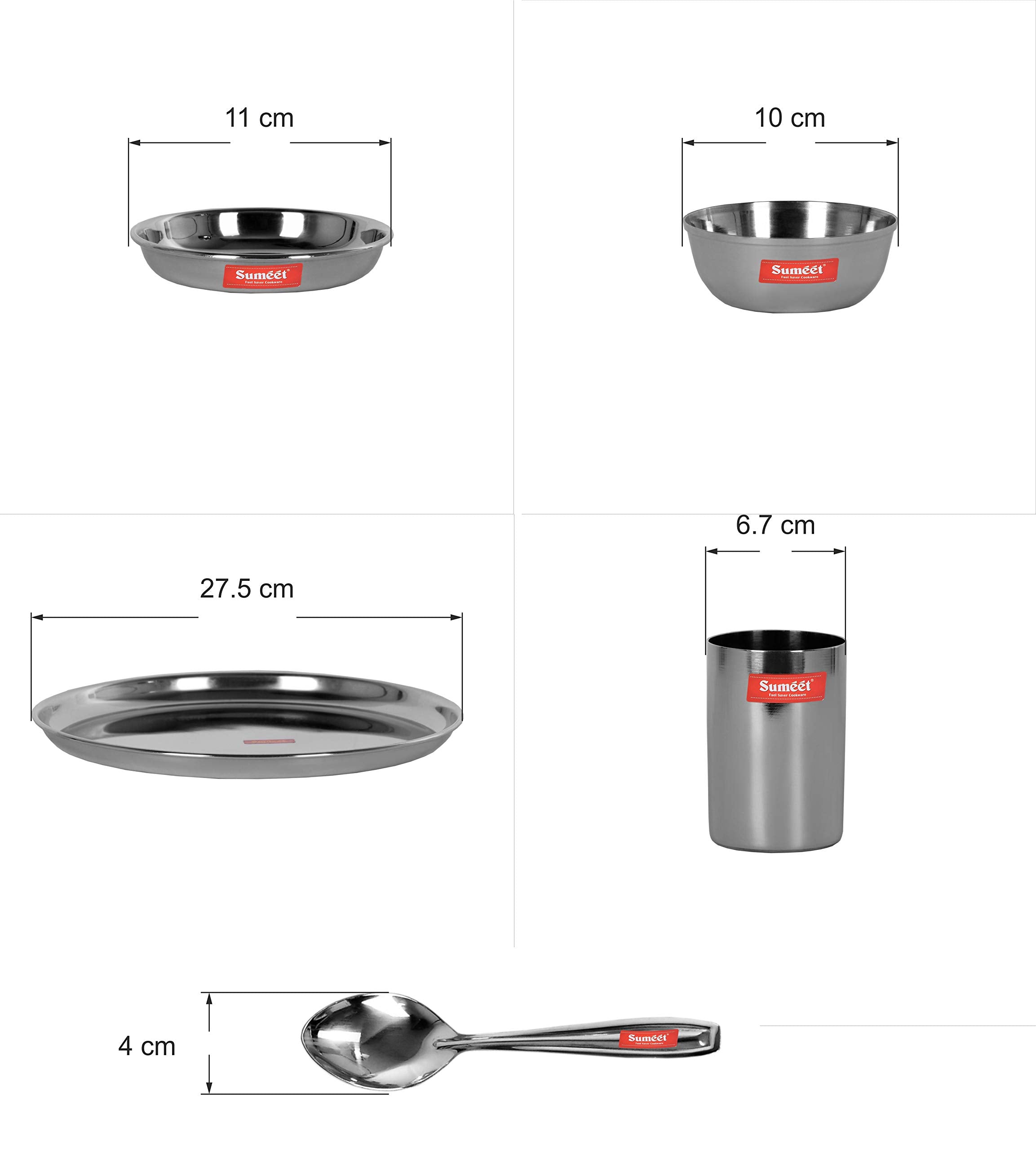 Sumeet Stainless Steel Heavy Gauge Mirror Finish Dinner Set Of 6 Pcs (1 Plate, 1 Small/Halwa Plate, 2 Bowl/Wati, 1 Glass, 1 Spoo