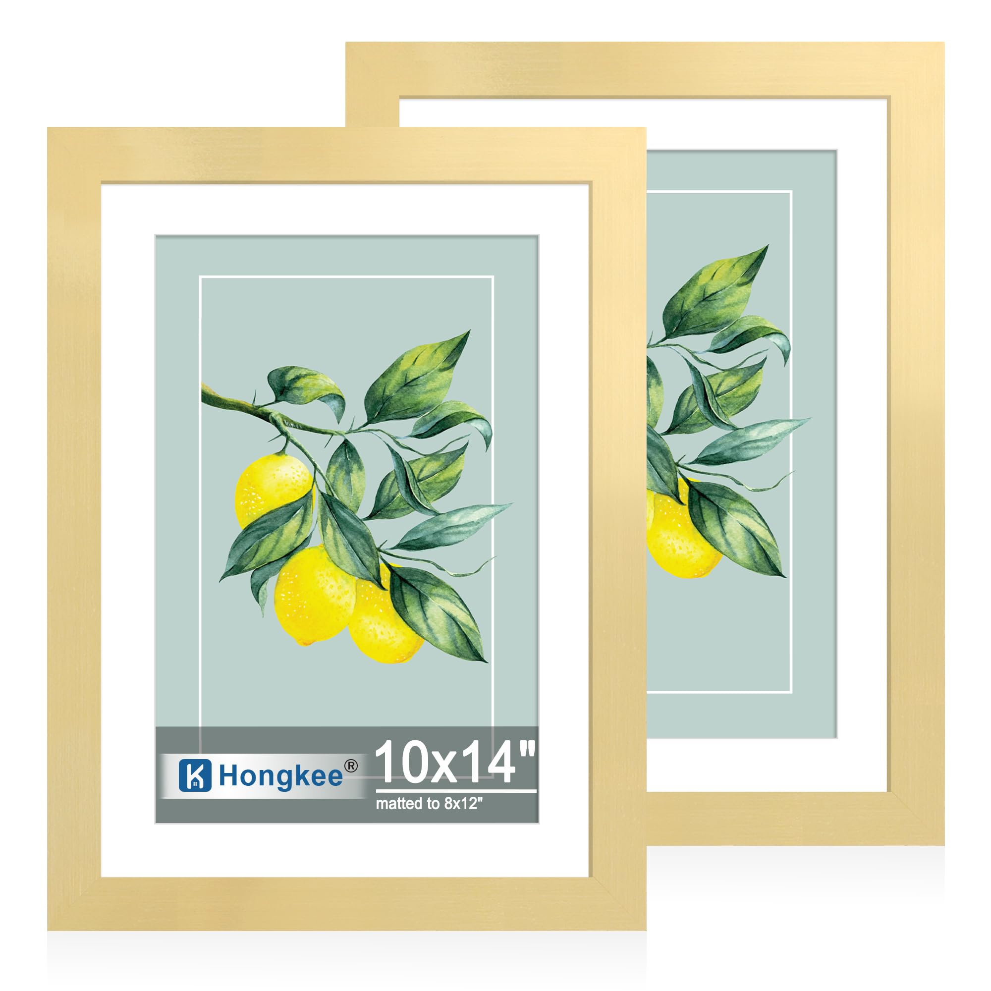 Hongkee 10x14 Picture Frame Set of 2, Made of Real Glass and Gold Wooden Frame - Display Pictures 8x12 with Mat or 10x14 Without
