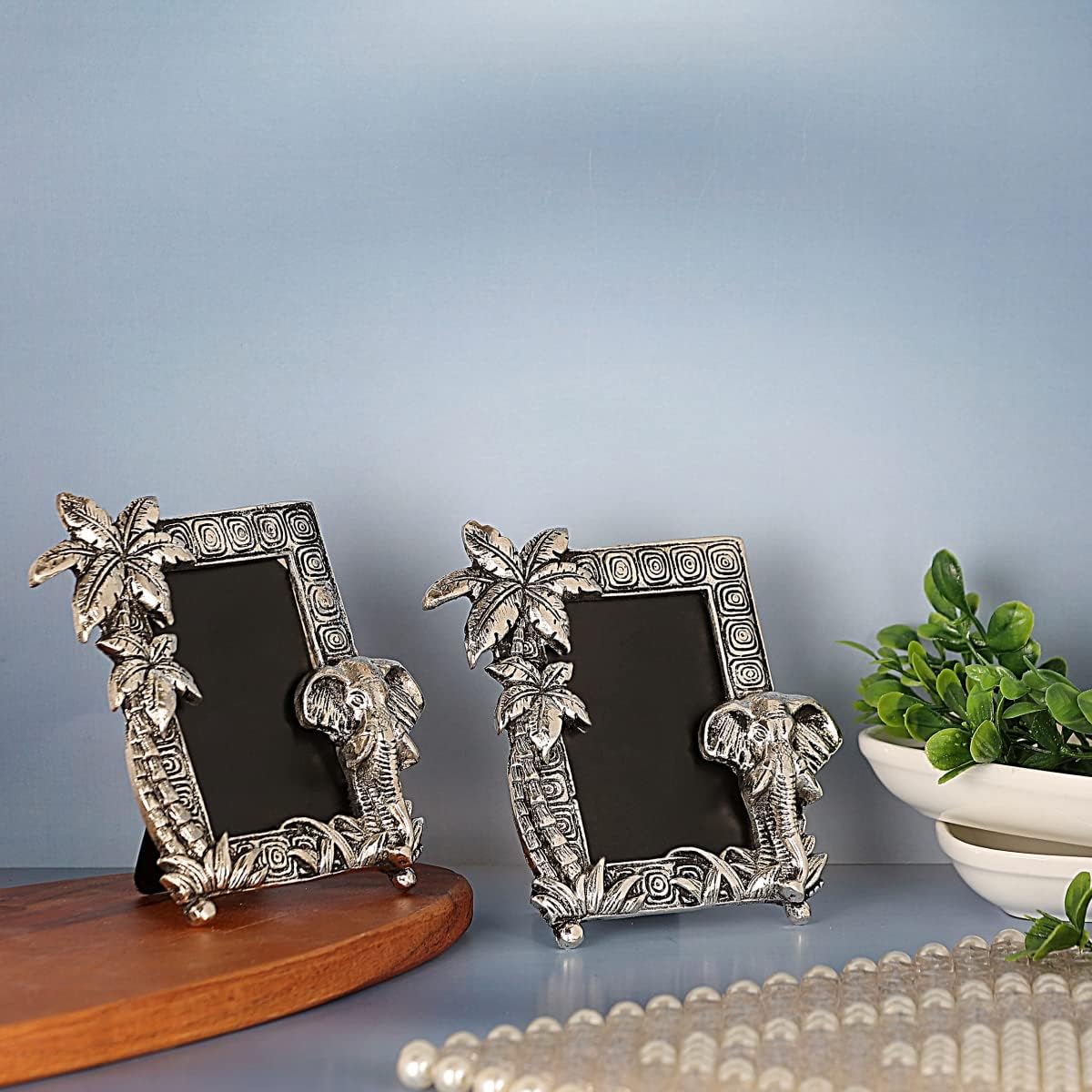 Labhcart Decorative Elephant Palm Tree Photo Frame, Silver Antique Finish, 12 X 10 Cm, Pack Of 2