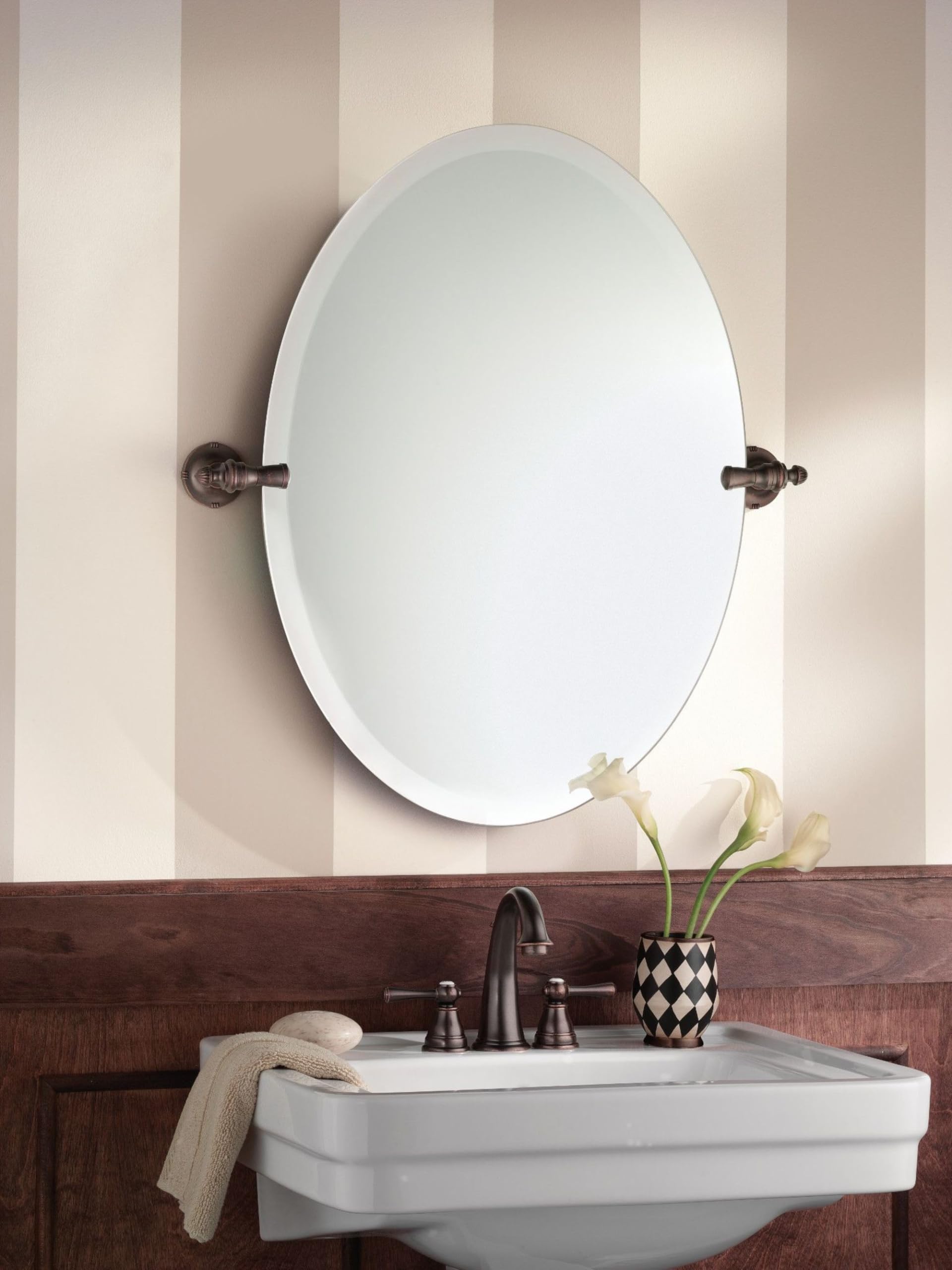 Moen Gilcrest Oil Rubbed Bronze 26-Inch X 23-Inch Frameless Pivoting Mirror, Oval Tilting Mirror For Bathroom Vanity, Dn0892Orb