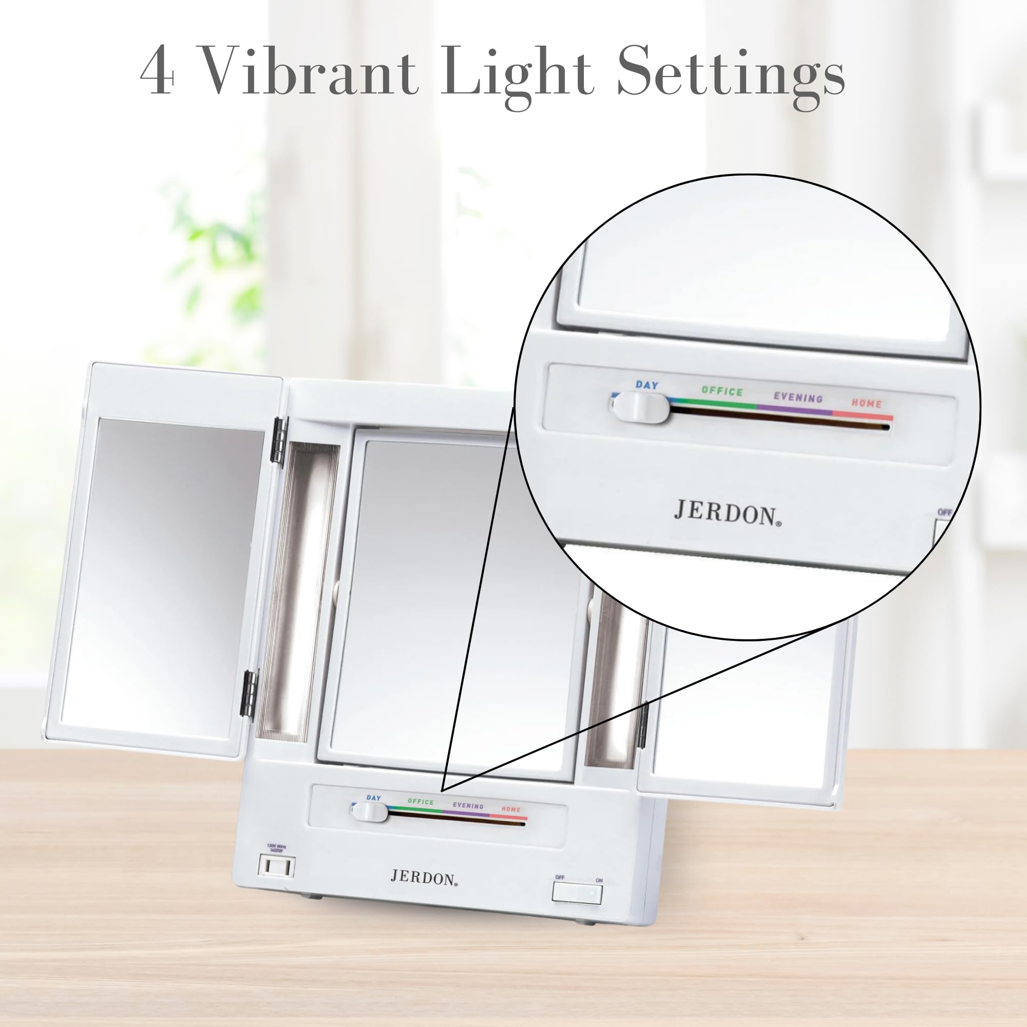 JERDON Tri-Fold Makeup Mirror with Lights, 5X-1X Magnification, 11.8"x9.6", Plastic, White, Model JGL9W