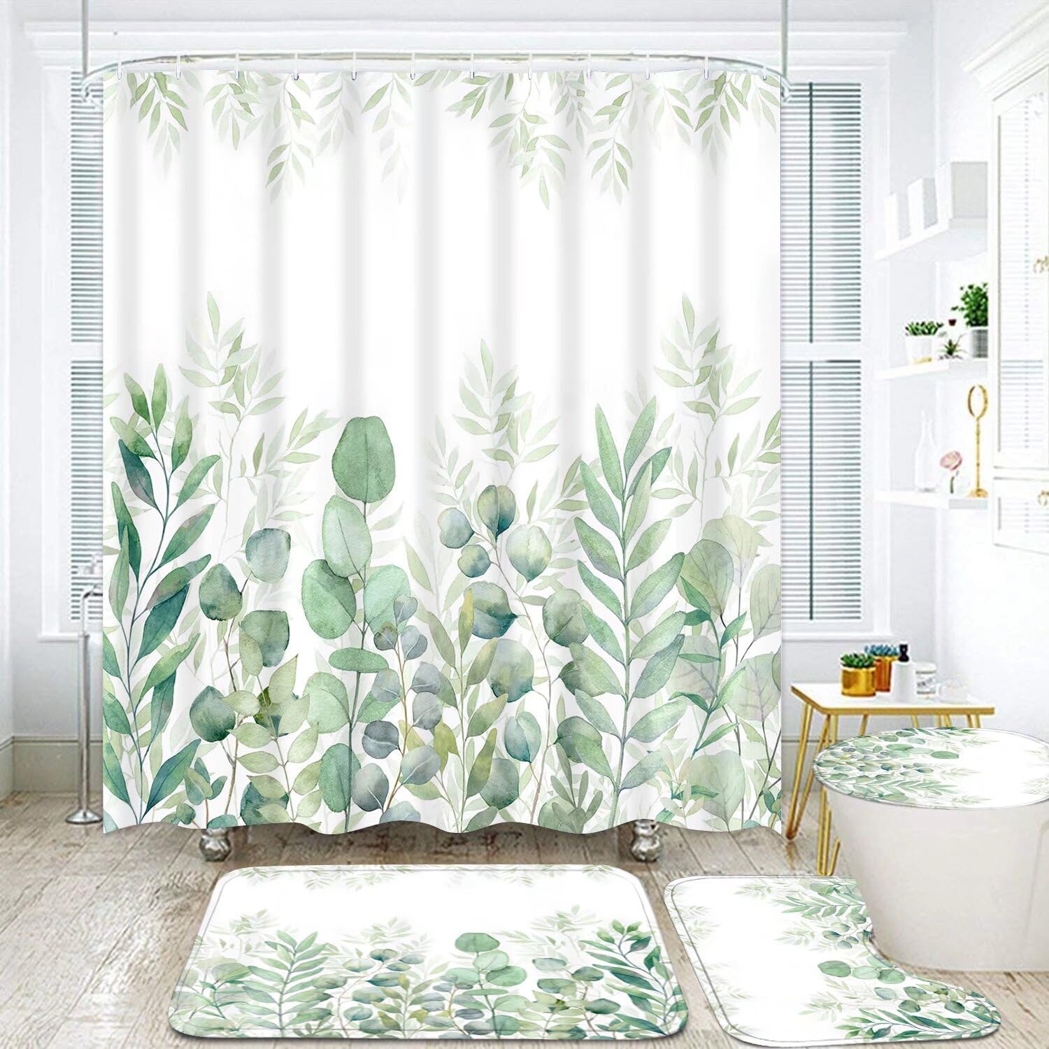 Ddqq Green Leaves Shower Curtain Sets With Non-Slip Rug, Toilet Lid Cover And Bath Mat, Plant Leaves Shower Curtain Sets With 12