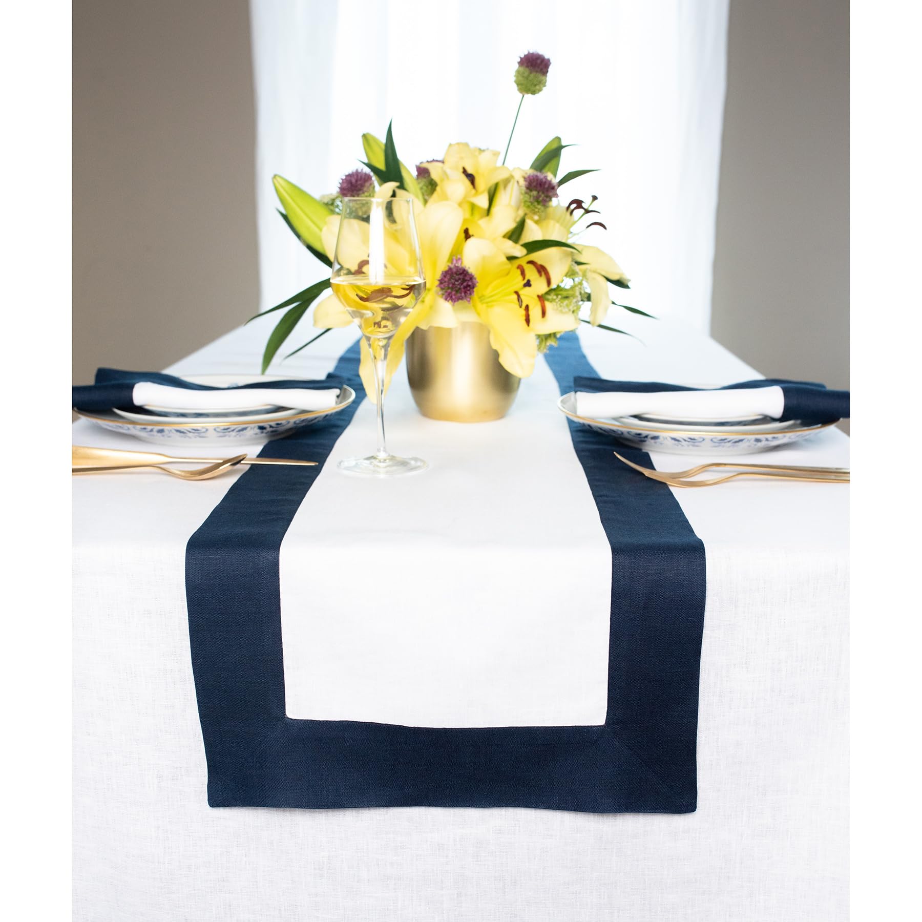 Solino Home Linen Table Runner 120 Inches Long - Contempo, 100% Pure Linen Navy And White Table Runner 14 X 120 Inch Ideal For W