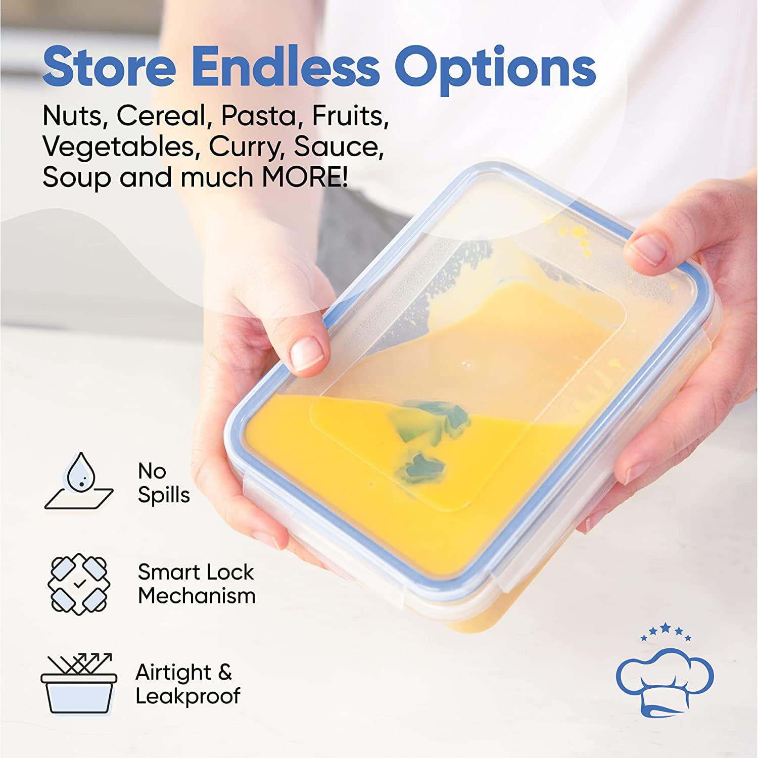 Chefs Path 32 Piece Airtight Food Storage Containers with Royal Blue Easy Snap Lids, 16 Containers and Lids, Stackable Kitchen