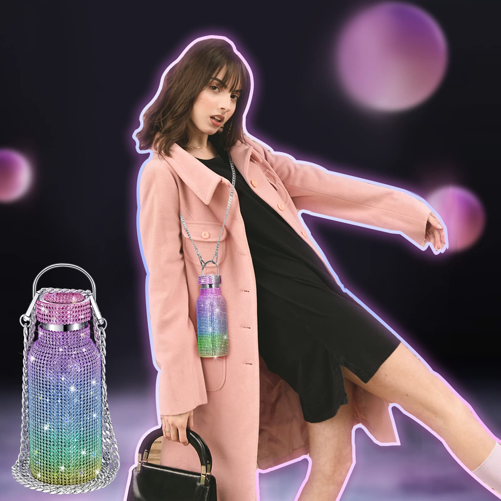 Diamond Insulated Water Bottle Bling Rhinestone Stainless Steel Refillable Glitter Thermal Bottle With Chain For Women Girls Gif