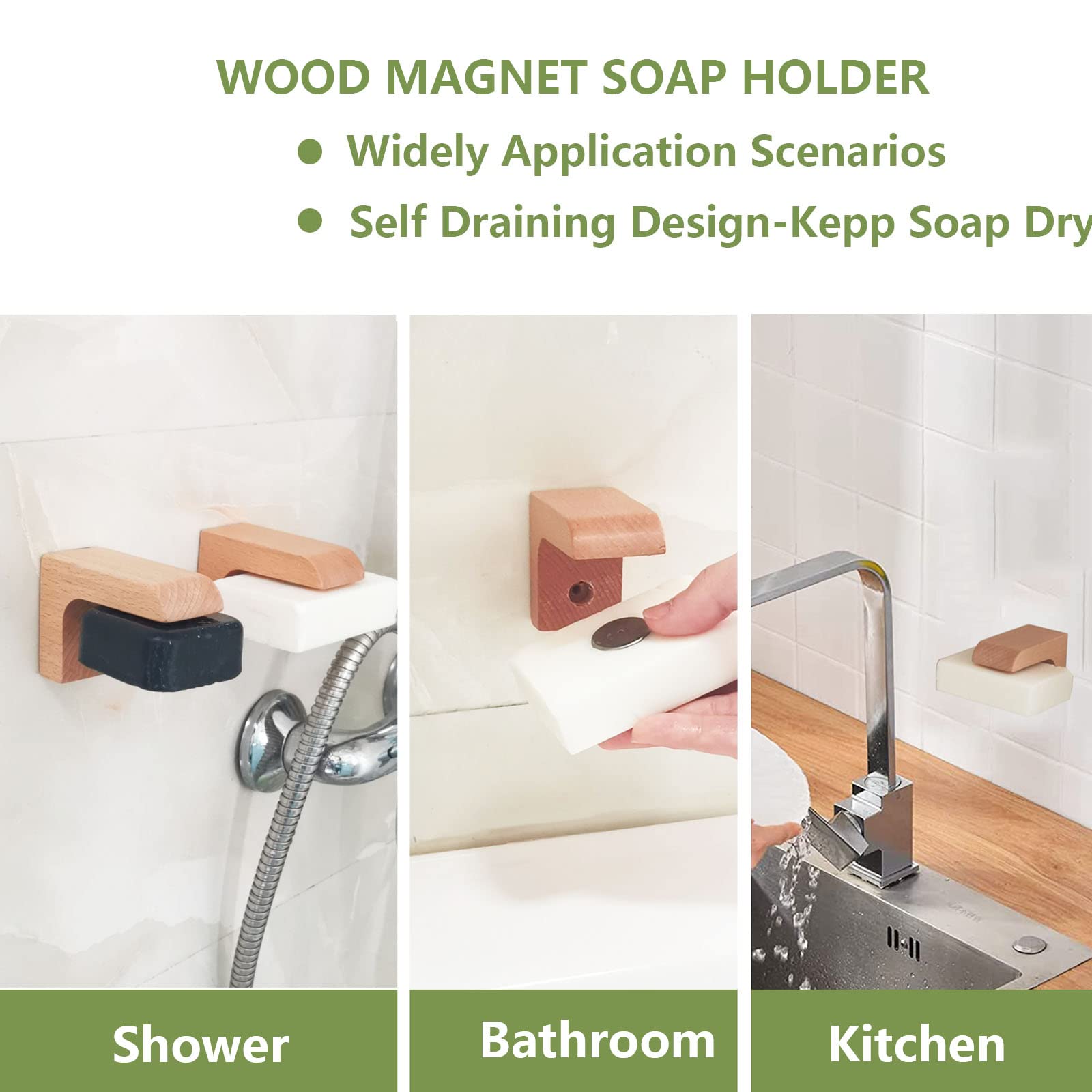 (2Sets) Wood Magnetic Bar Soap Holder For Shower Wall,Magnet Air Dry Soap Saver Self Draining, Eco-Friendly Wooden Soap Dish For