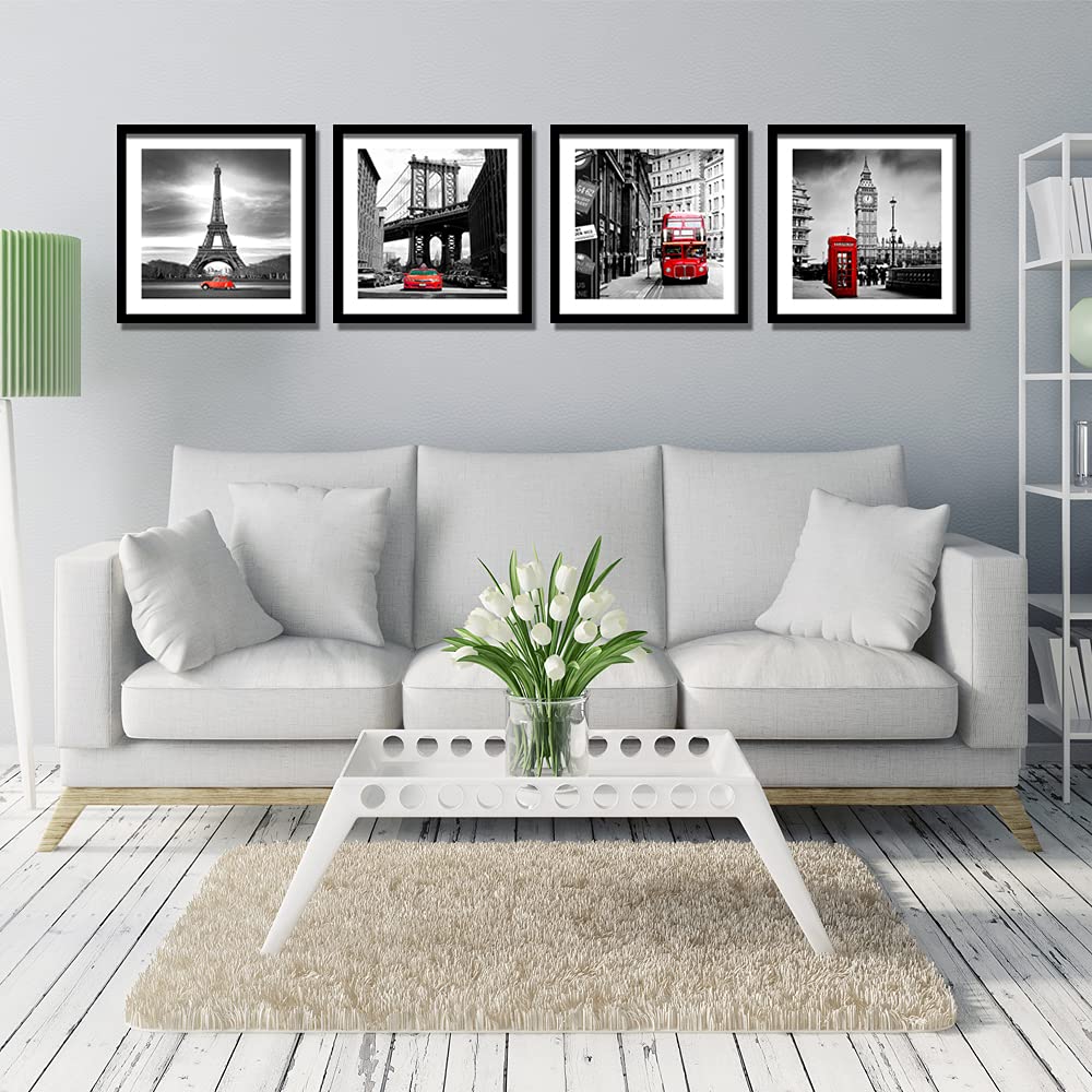 Englant 4 Pieces Framed Canvas Wall Art, Black White And Red Wall Decor Landscape Poster With Eiffel Tower, Brooklyn Bridge, Lon