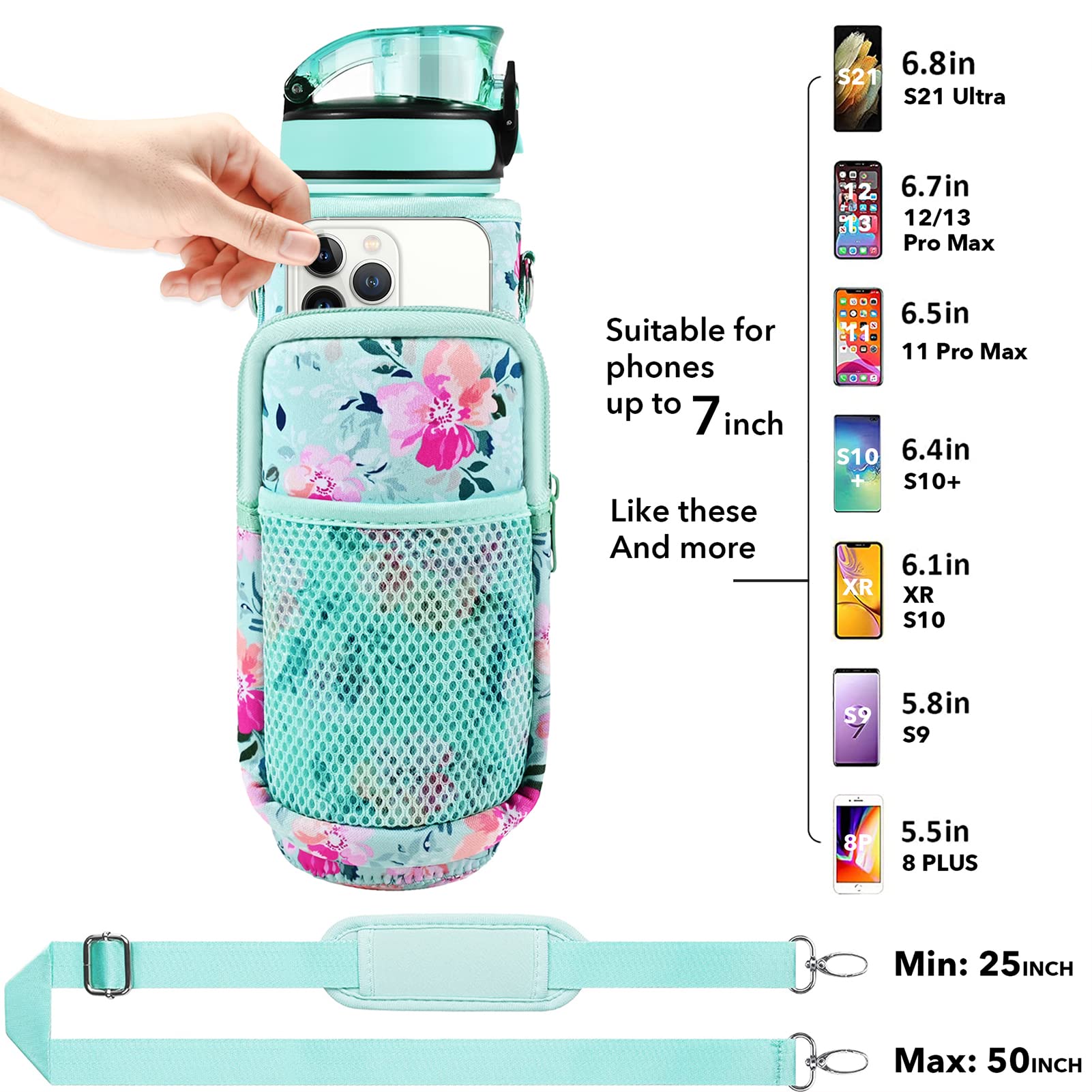 Newfad 32 oz Water Bottles with Straw & Strap  Motivational with Times to Drink  BPA Free Reusable Sports Water Bottle with Sleeve for Hiking  Travel  Running or Fitness (Spring Bouquet)