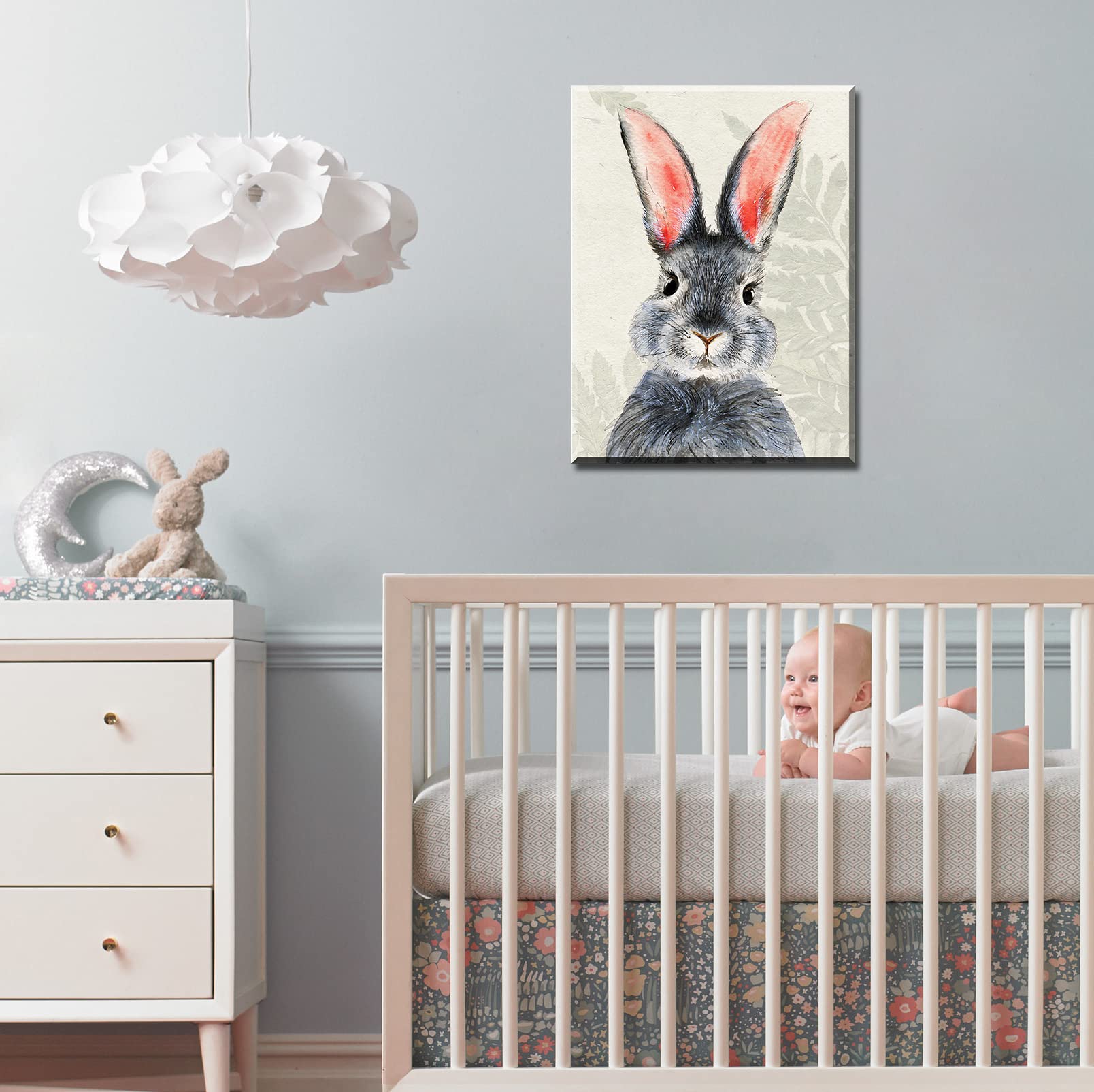 BLINFEIRU Kids Room Decor Bunny Decor Wall Art Blue Gray Cute Rabbit Poster Picture Canvas Print Girls Baby Wall Decorations 1 Panel Nursery Decor Artwork Framed Wall Art Ready to Hang 12'' Wx16 H