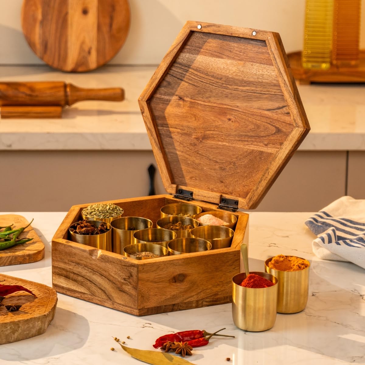 Ireka Homes | Rasika Acacia Wood & Brass Masala Box With 12 Brass Containers | 150Ml Brass Spice Bowls | Handcrafted Wooden Masa