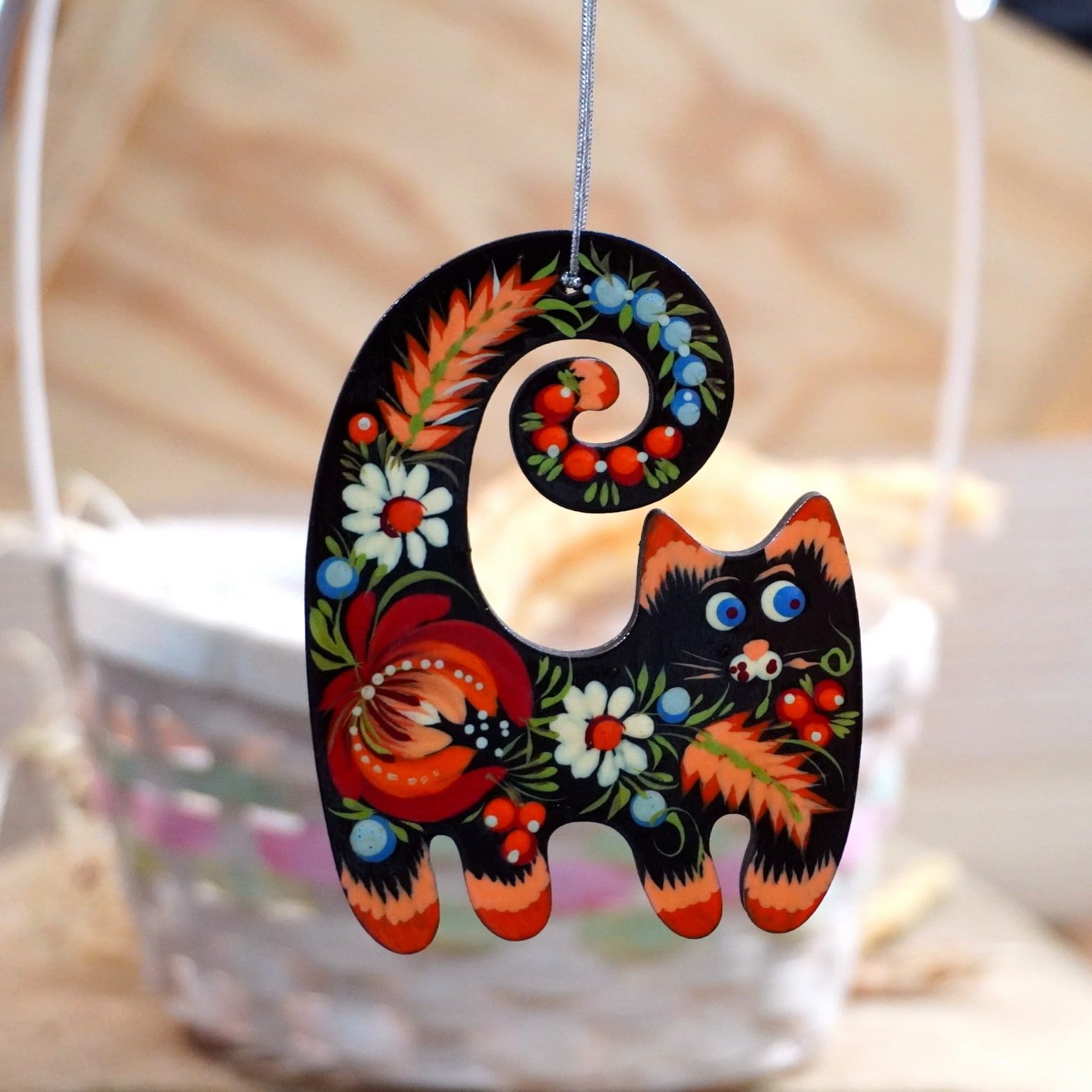 Cat Christmas Tree Ornament Cute Hand painted Wooden Hanging Decoration 3,3 ? 2,8 ? 0,2 Inch | 7 ? 8,5 ? 0,5 cm Cat Lovers Ornam
